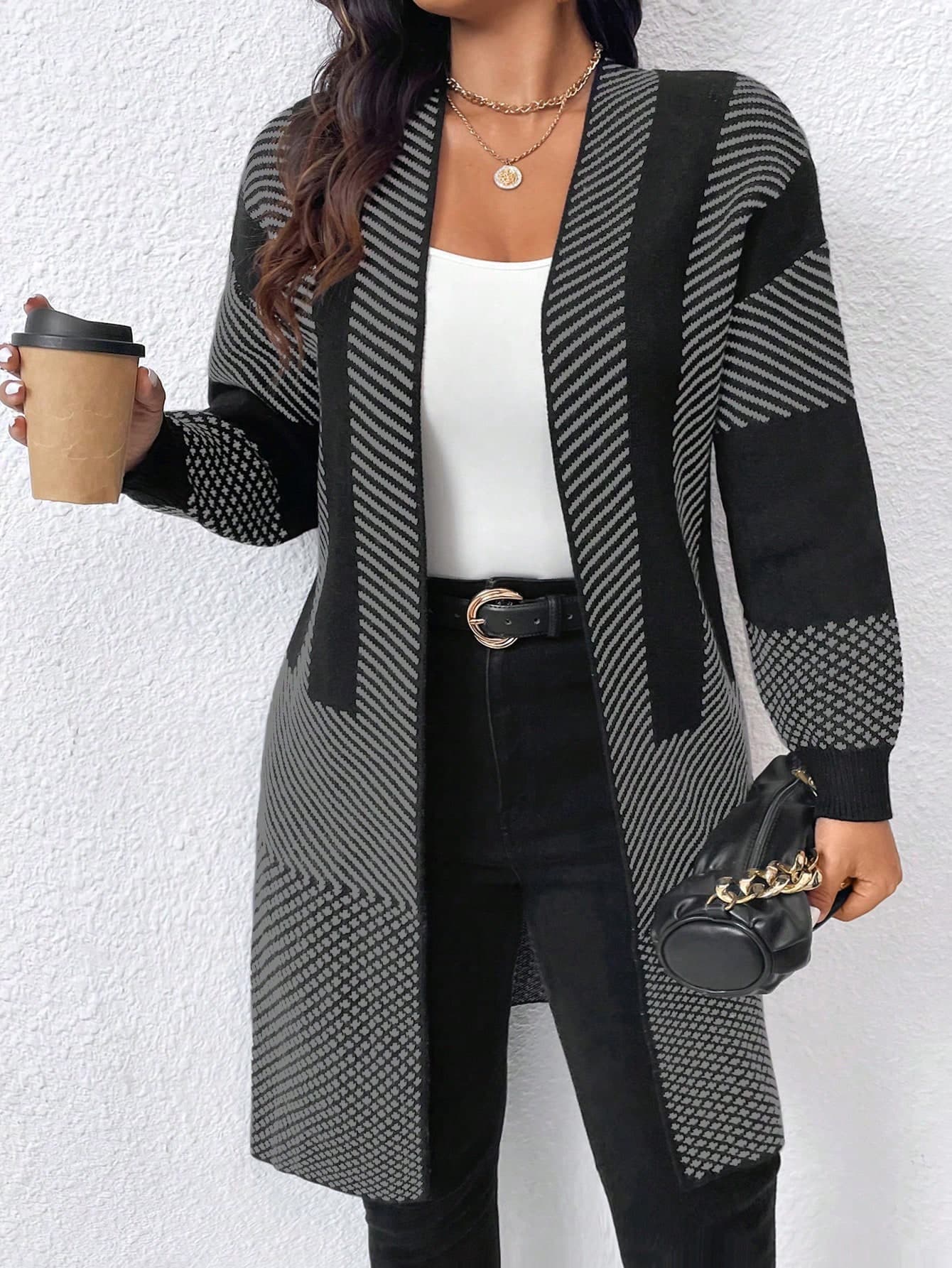 Plus Size Colorblock Patchwork Mid-Length Casual Cardigan, For Autumn/Winter Fall Cloth For Women