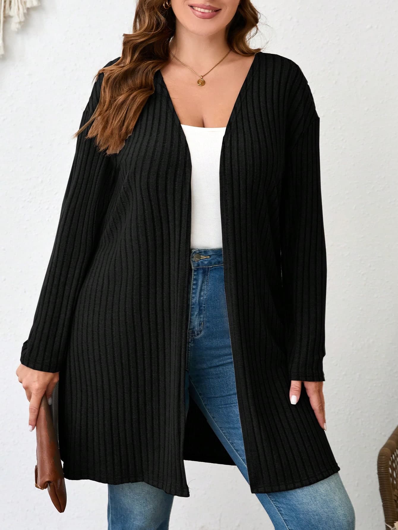 SHEIN LUNE Plus Size Plain Color Ribbed Knit Coat For Spring And Autumn Winter Clothes New Year Winter Clothes For Women Fall