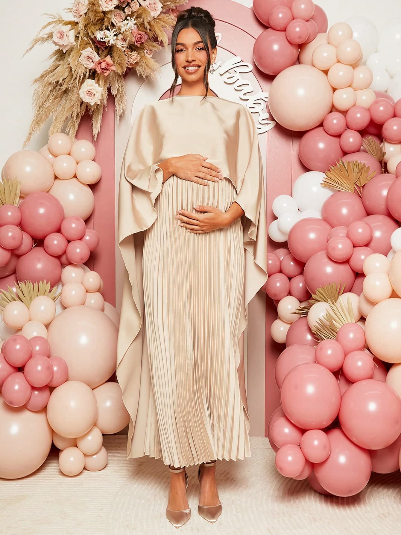 Loomaby Maternity Solid Color Round Neck Pleated Shawl Collar Dress, For Baby Shower Party Fall