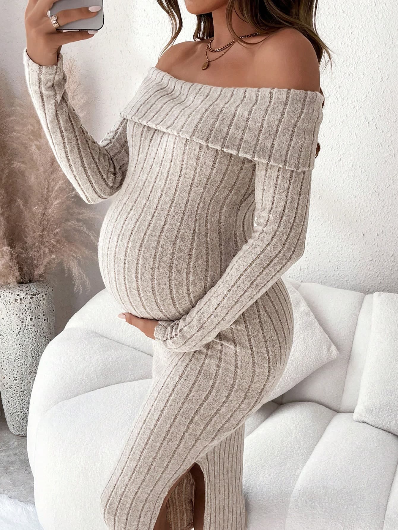SHEIN Maternity Off-Shoulder Long Sleeve Slit Casual Dress