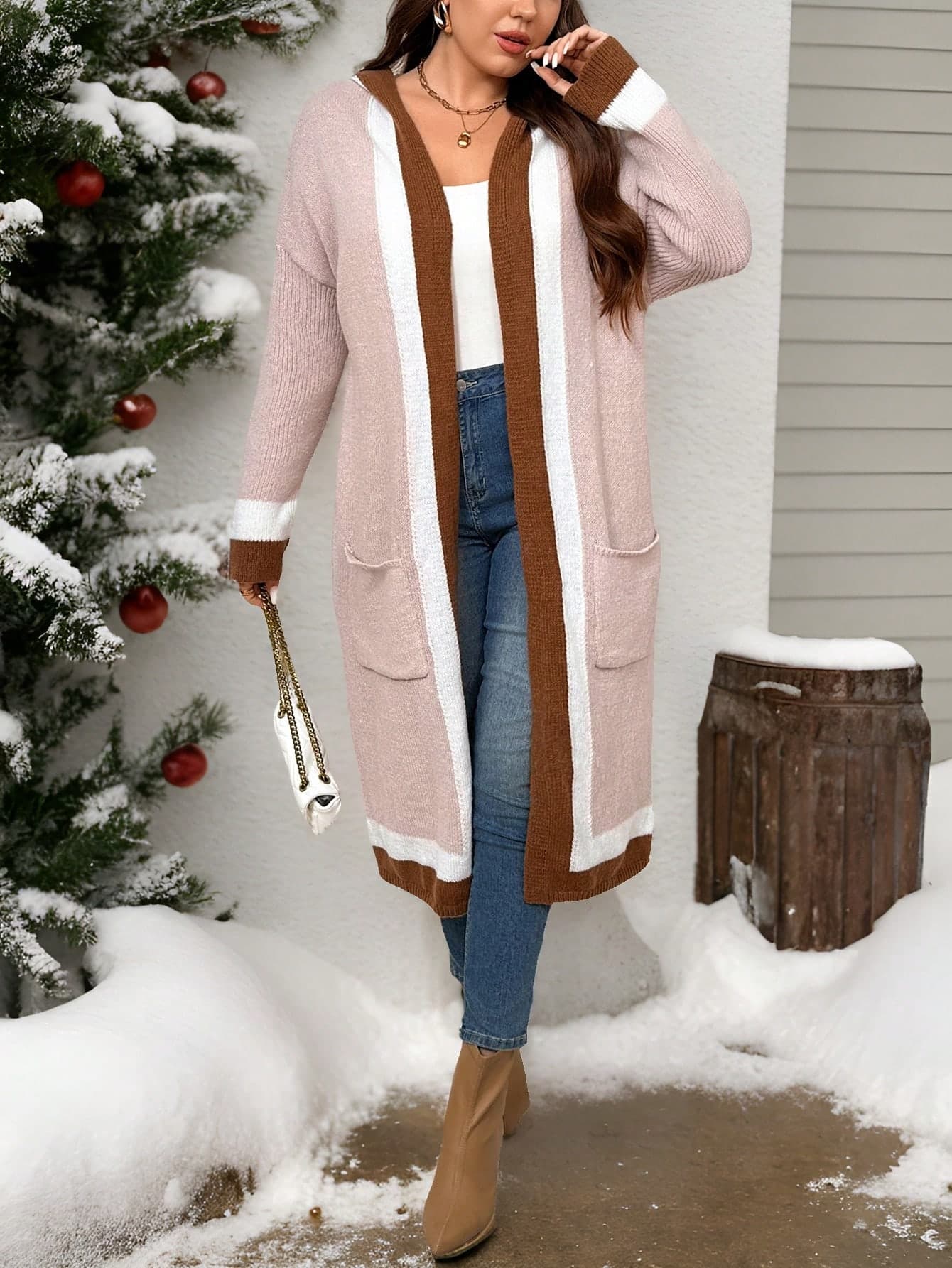 SHEIN Frenchy Casual Khaki Long Hooded Cardigan Sweater Jacket With Pockets, Suitable For Leisure & Homewear, Autumn/Winter Fall/Winter