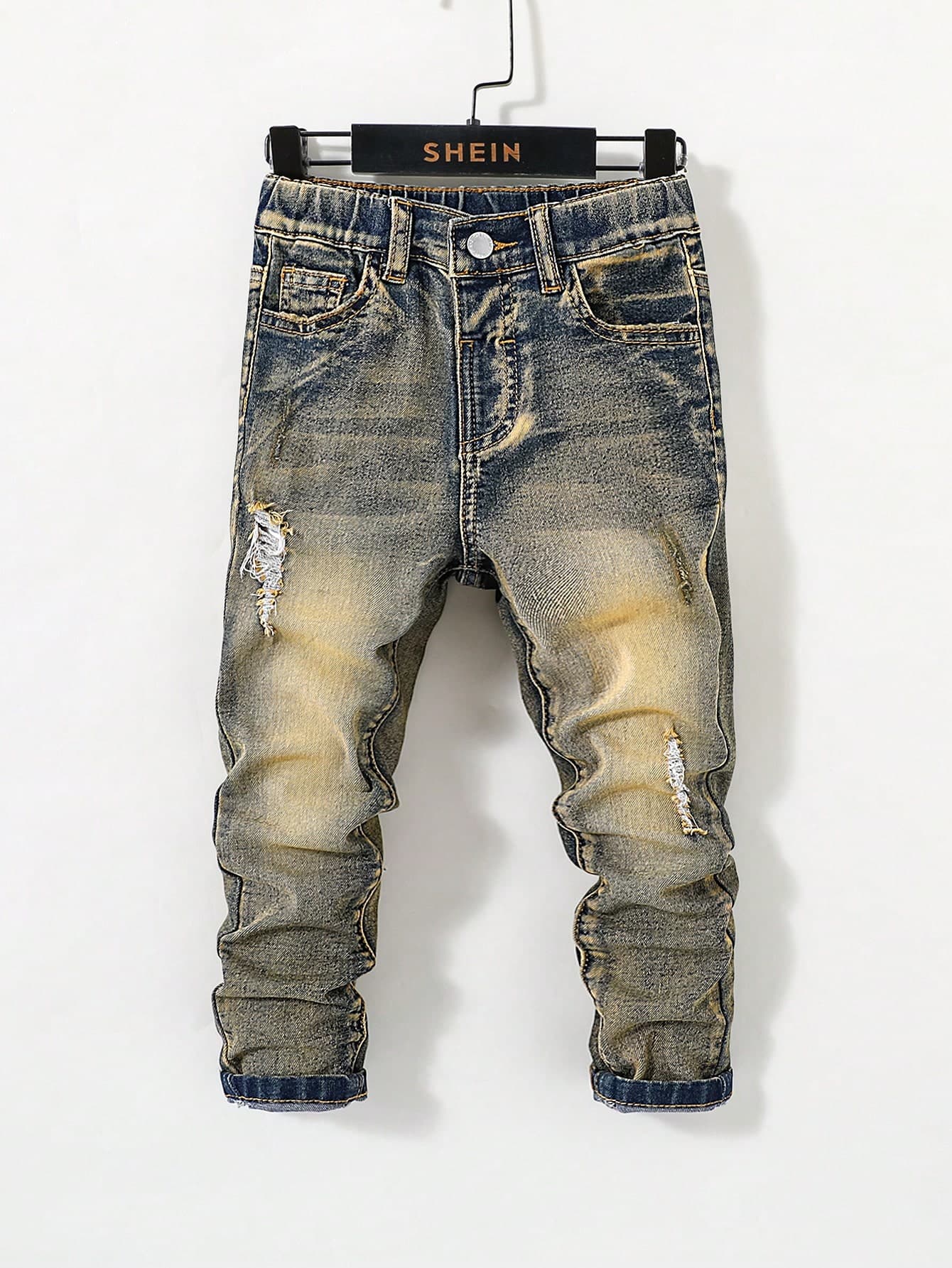 SHEIN Young Boy Retro Distressed Vintage Washed Ripped Frayed High Stretch Denim Jeans For Daily