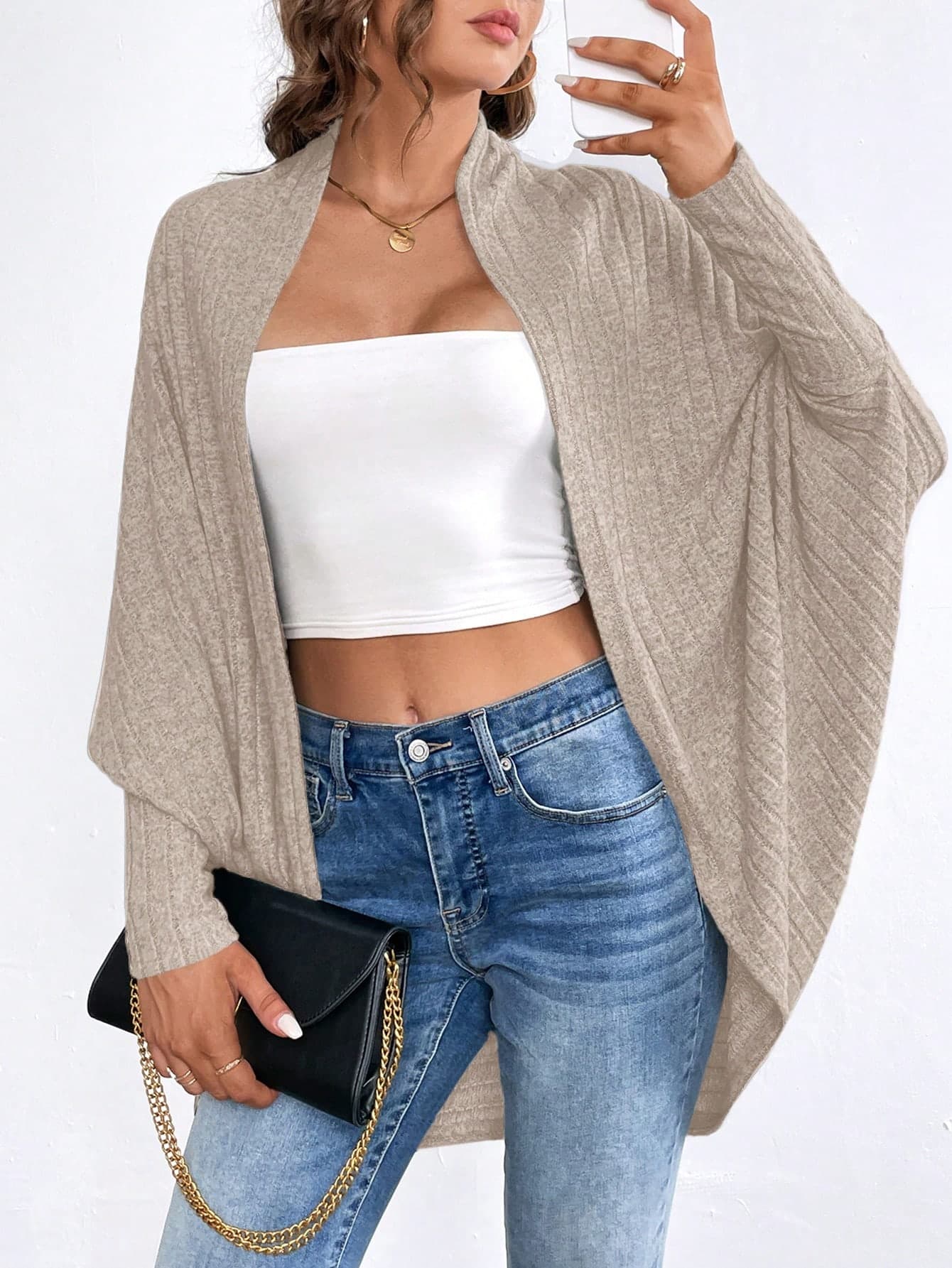 SHEIN Essnce Plus Size Women's Autumn Casual Airport Business Tops,Fall Homecoming Clothes Commuter Brushed Fabric Solid Loose Buttonless Bat Cardigan