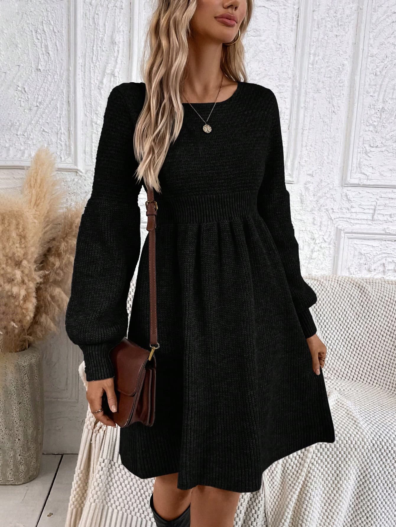 SHEIN LUNE A-Line Splice Waist & Cuff Round Neck Fashionable Casual Knitted Women Dress In Fall/Winter