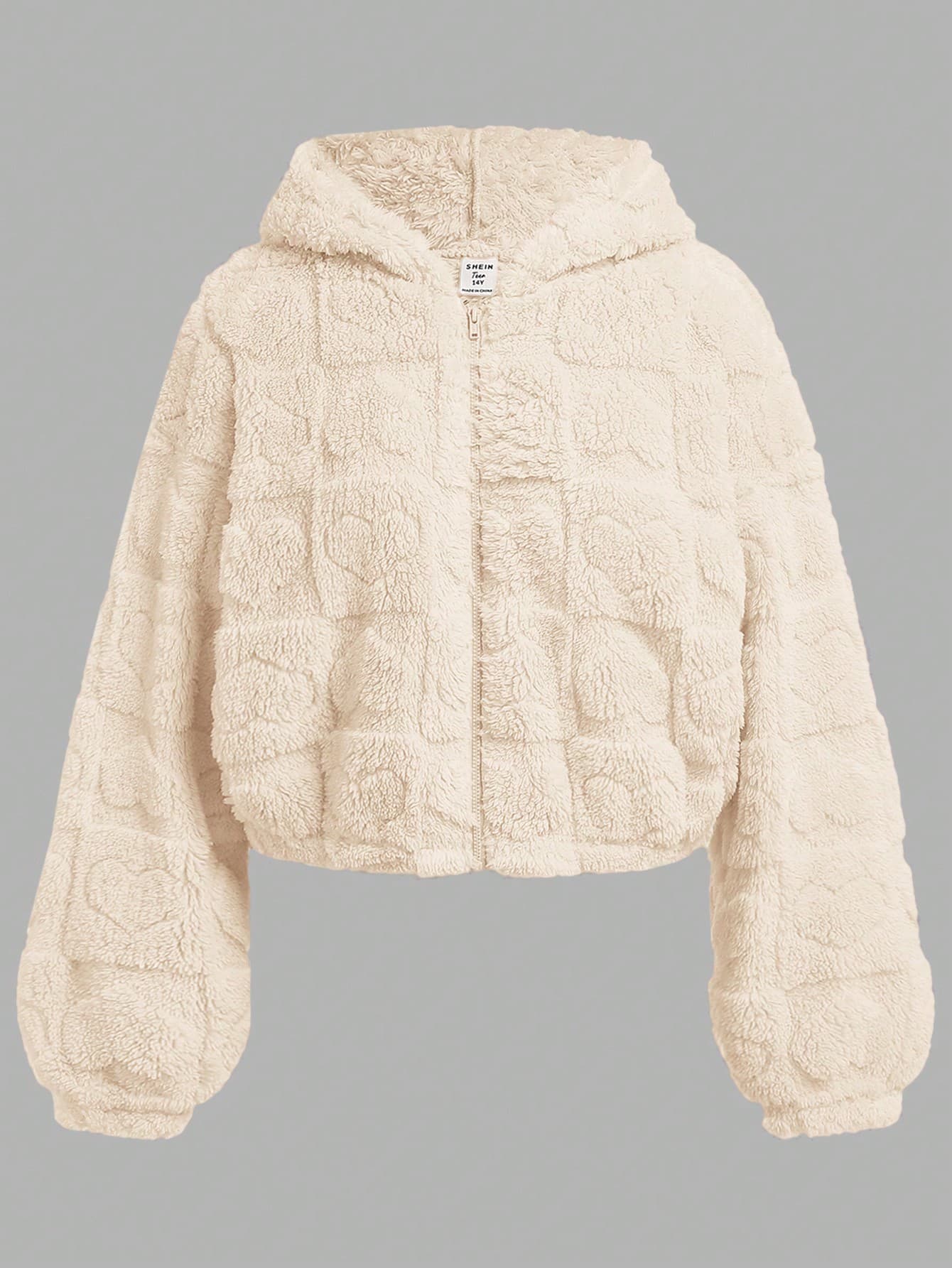 SHEIN Teen Girl's Plain Collar Casual Reversible Heart Fleece Zip-Up Jacket,In Fall/Winter