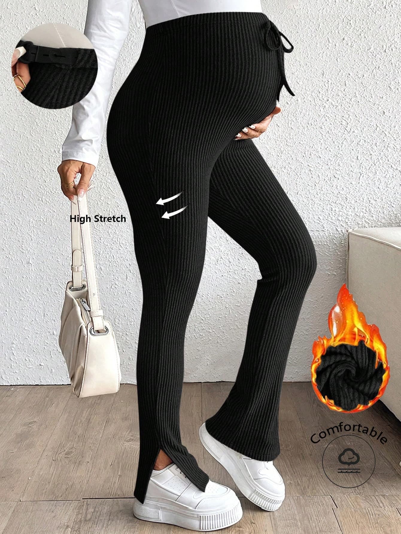 SHEIN Maternity Women's Ribbed Skinny Adjustable Waist Casual Leggings With Slit