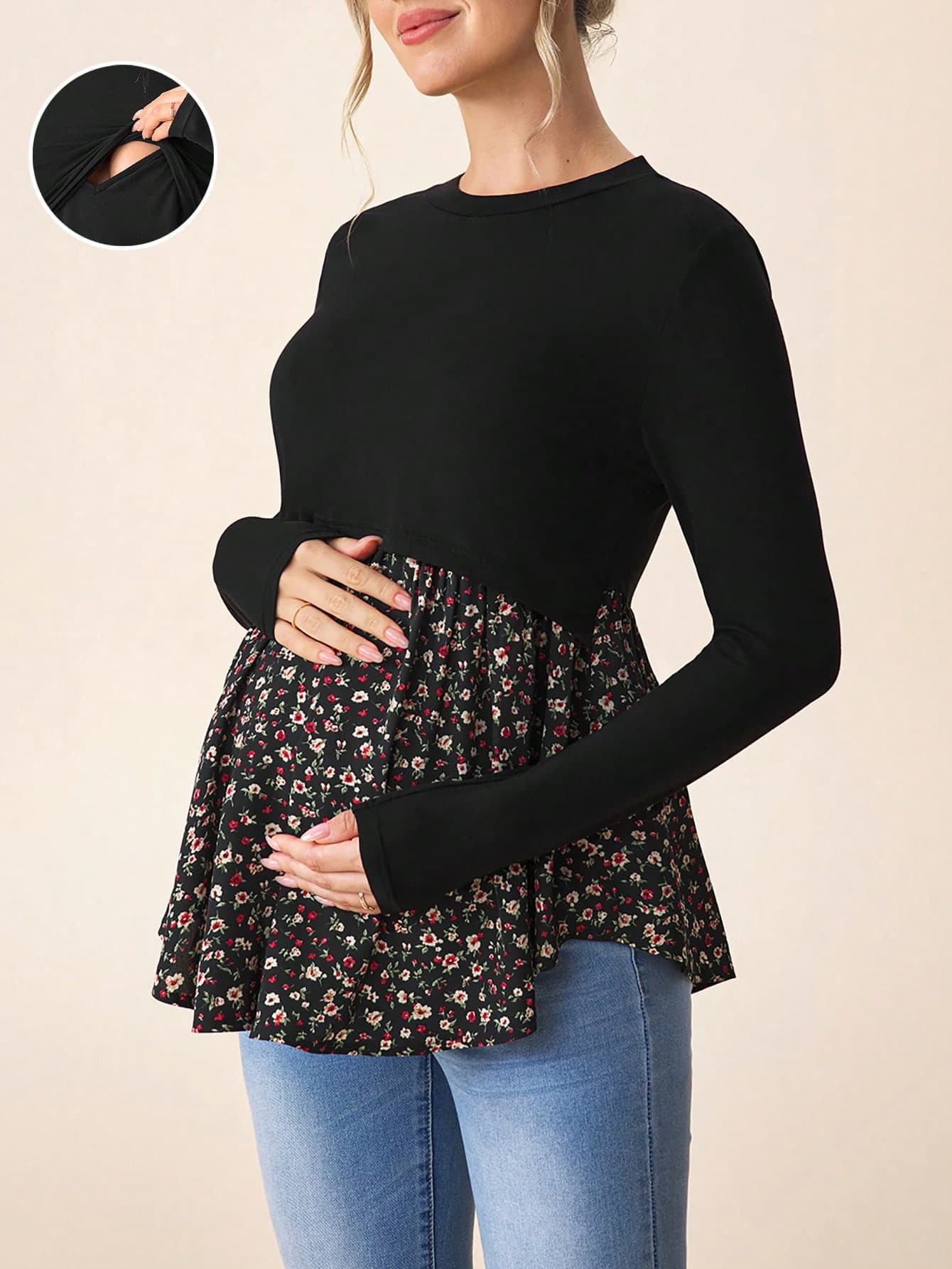 SHEIN Maternity Casual Color Block Nursing Long Sleeve T-Shirt For Autumn Wear Fall