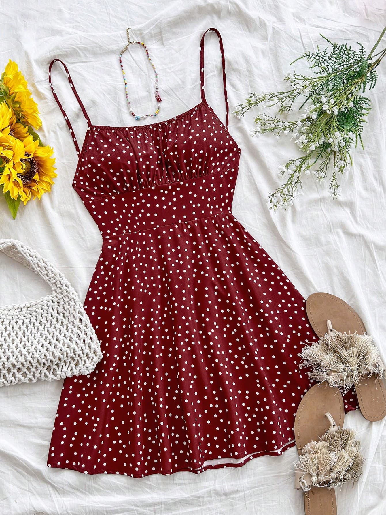 Soleia Women's Red White Polka Dot Print Backless Spaghetti Strap A-Line Mini Dress,Cute Summer Cami Sun Dress For Picnic,Vacation,Party,Christmas Clothes
