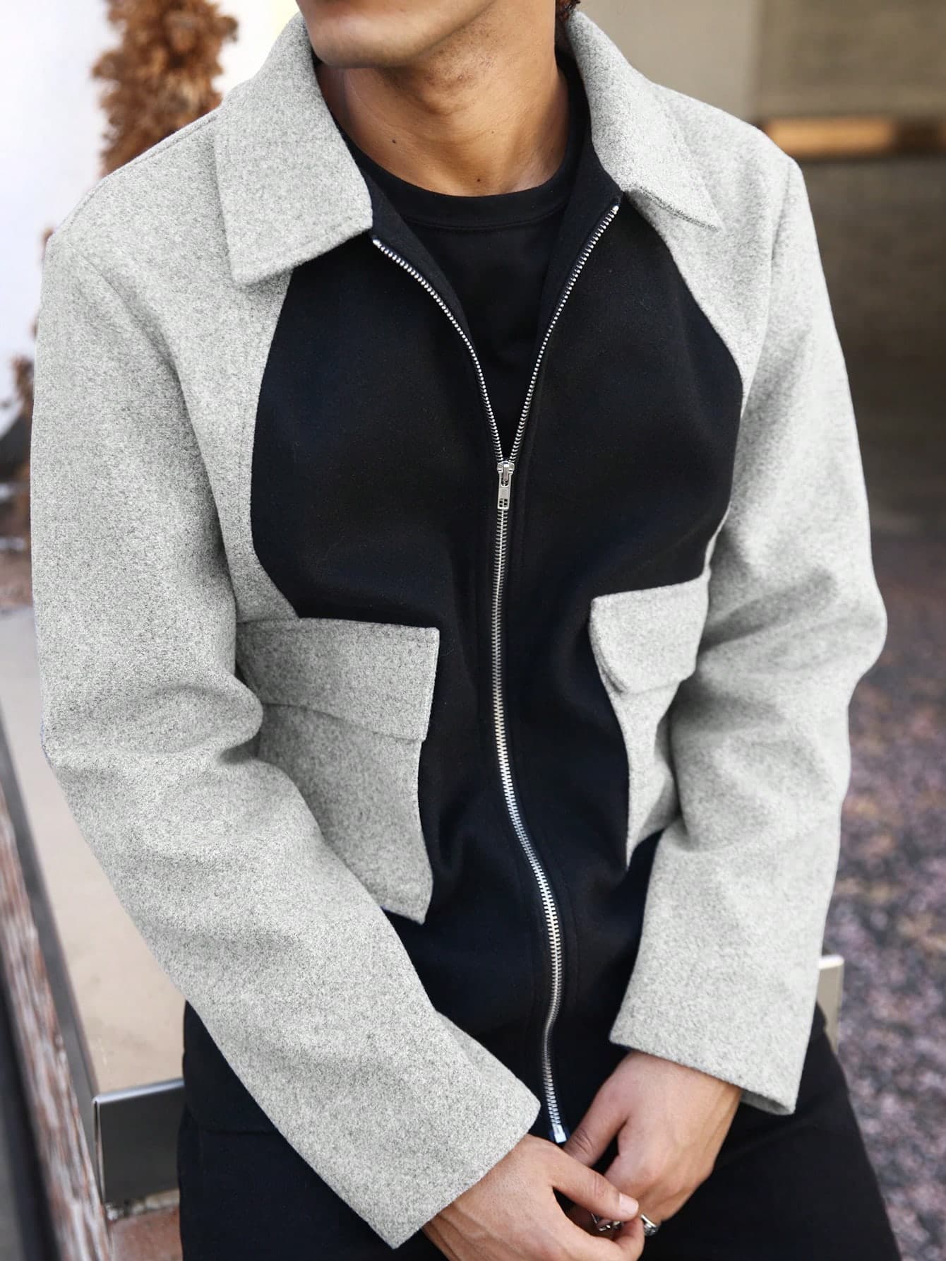 Manfinity Homme Men Grey Contrast Color Flannel Jacket,Autumn Long Sleeve Zip Front Utility Pocket Casual Jacket, Basic Light Jacket For Date,Husband Gifts