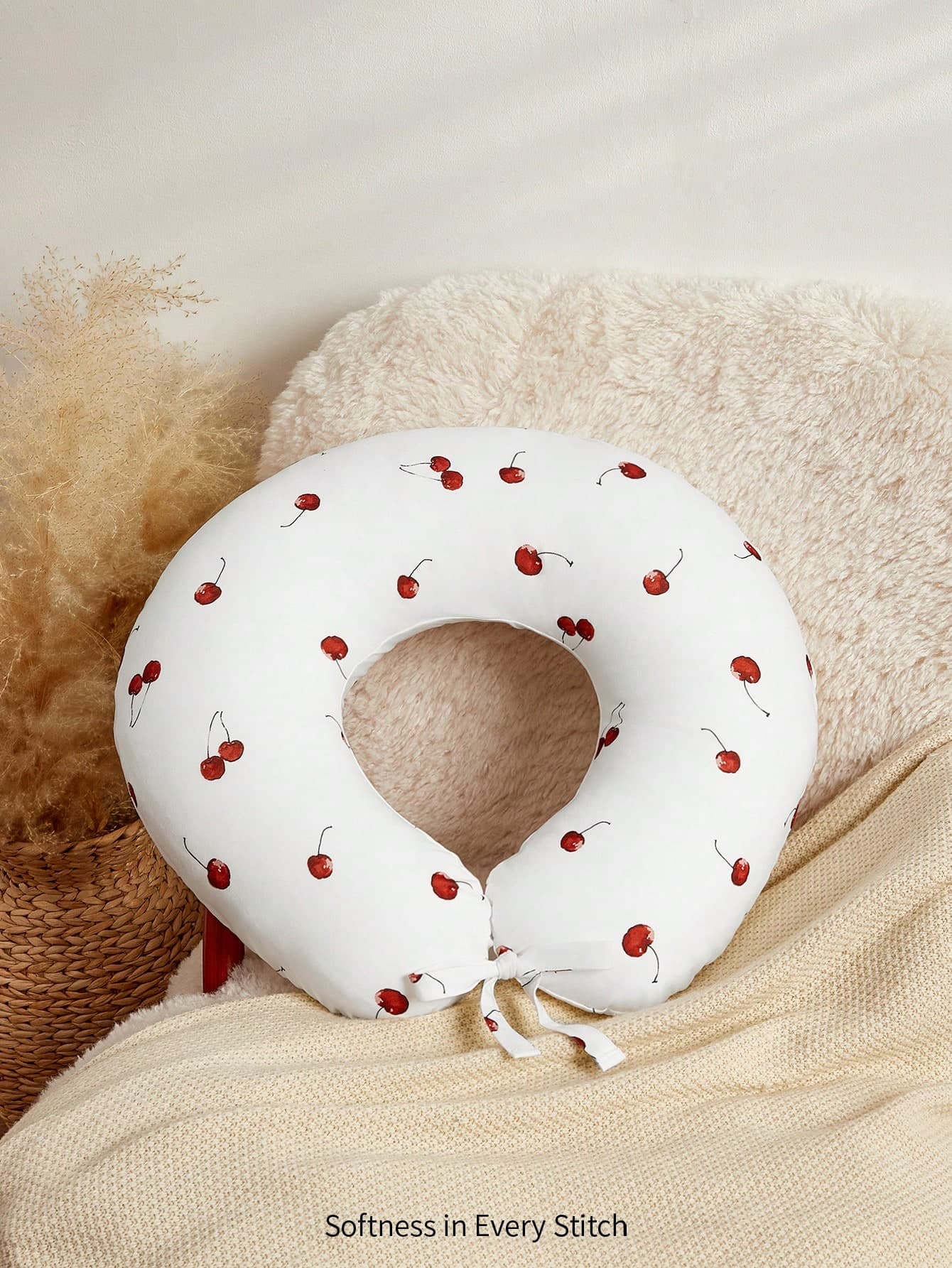Cozy Pixies 1pc Soft & Comfortable Nursing Pillow With Cherry Printing, Helping Sleep & Breastfeeding