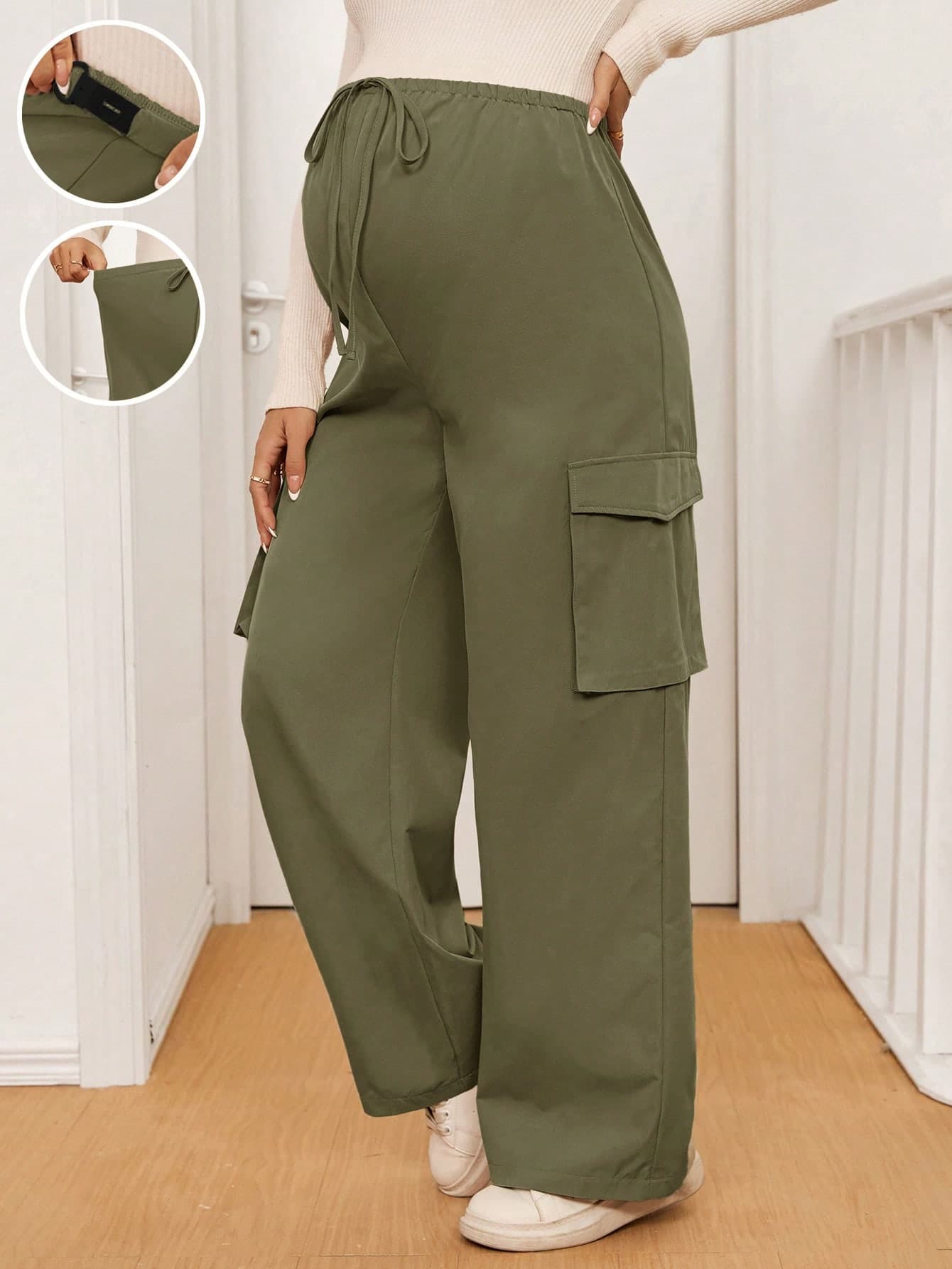 SHEIN Adjustable Waist Maternity Casual Pants With Pockets, Solid Color Wide Leg Loose Style Fall