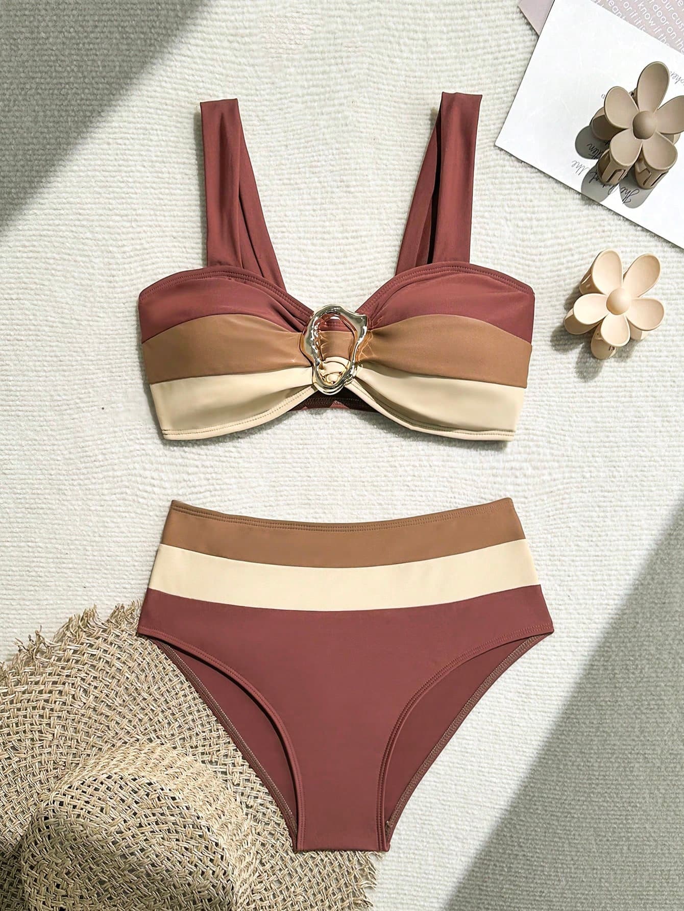 Swim Lushoire Fashionable New Sexy Patchwork Color-Block Bikini High-Waist Swimwear Set, Slimming Mature Charm Swimwear Summer