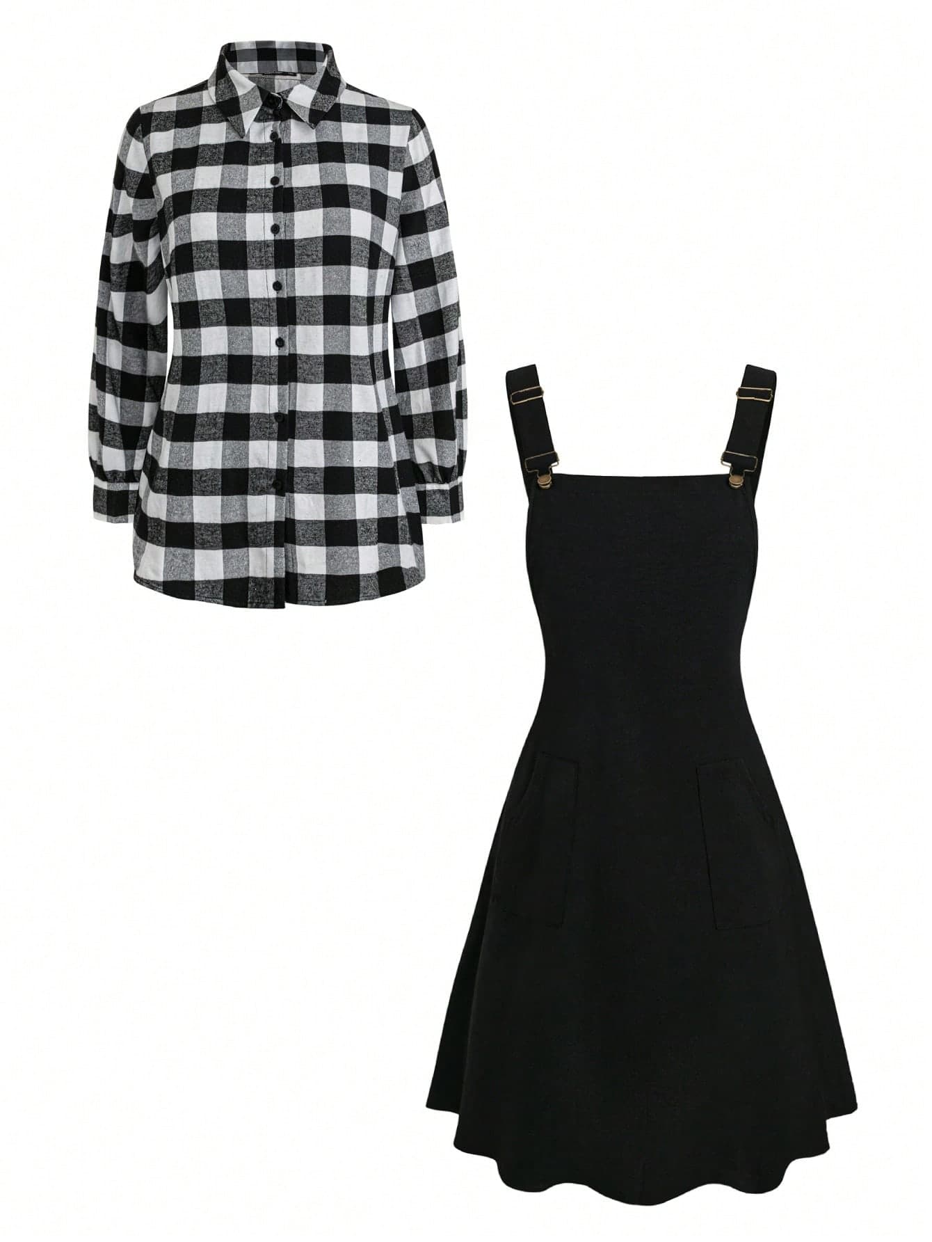 SHEIN LUNE 2pcs Plus Size Women Casual College Style Gingham Print Long Sleeve Plain Color & Jumpsuit Strap Dress Set, Autumn