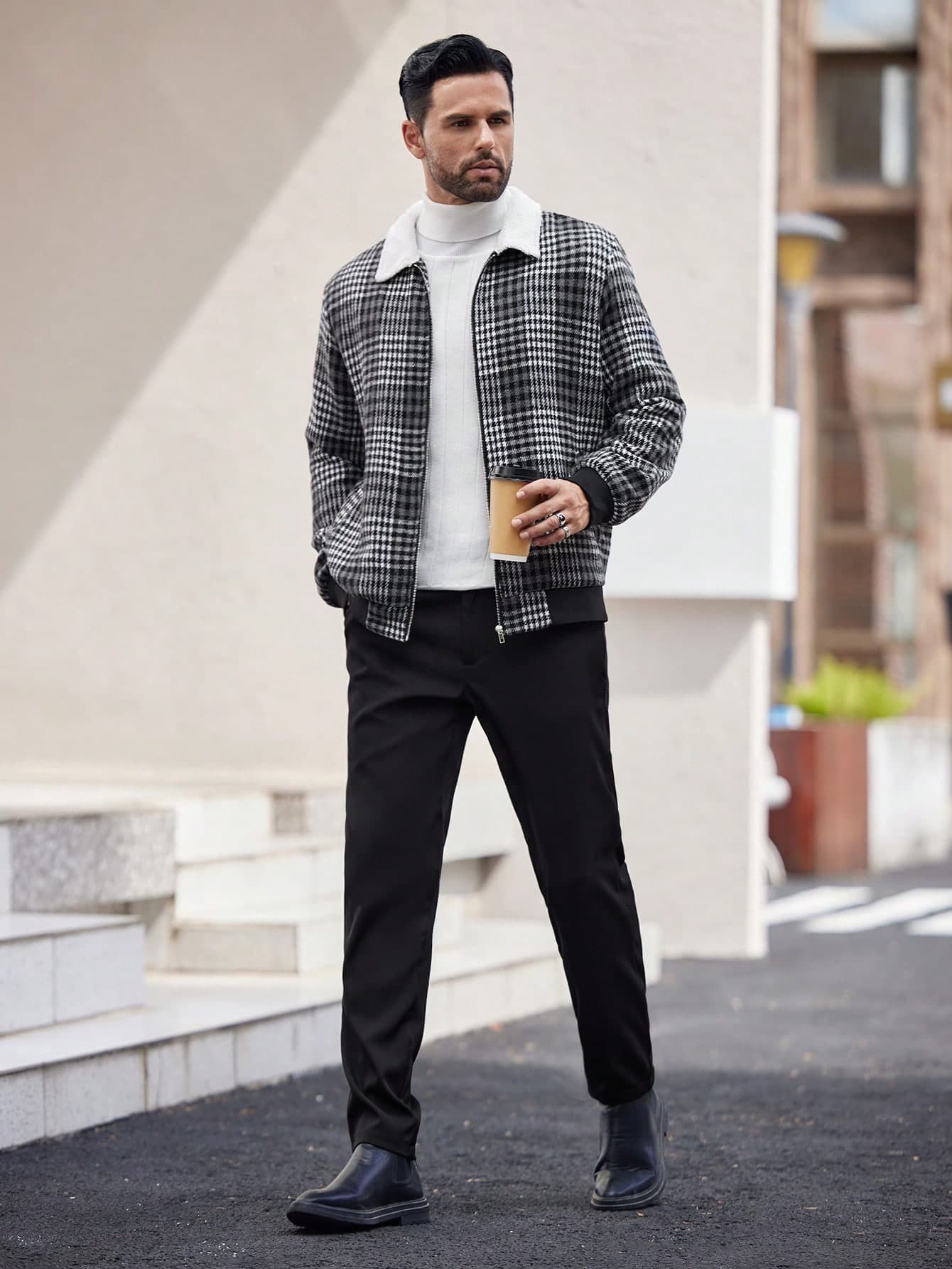 Manfinity Homme Men's Casual Checkered Color-Block Collar Jacket, Going Out Warm Colorful Lightweight Checkered Jacket, For Autumn, Friends, Husband, Boyfriend Gifts
