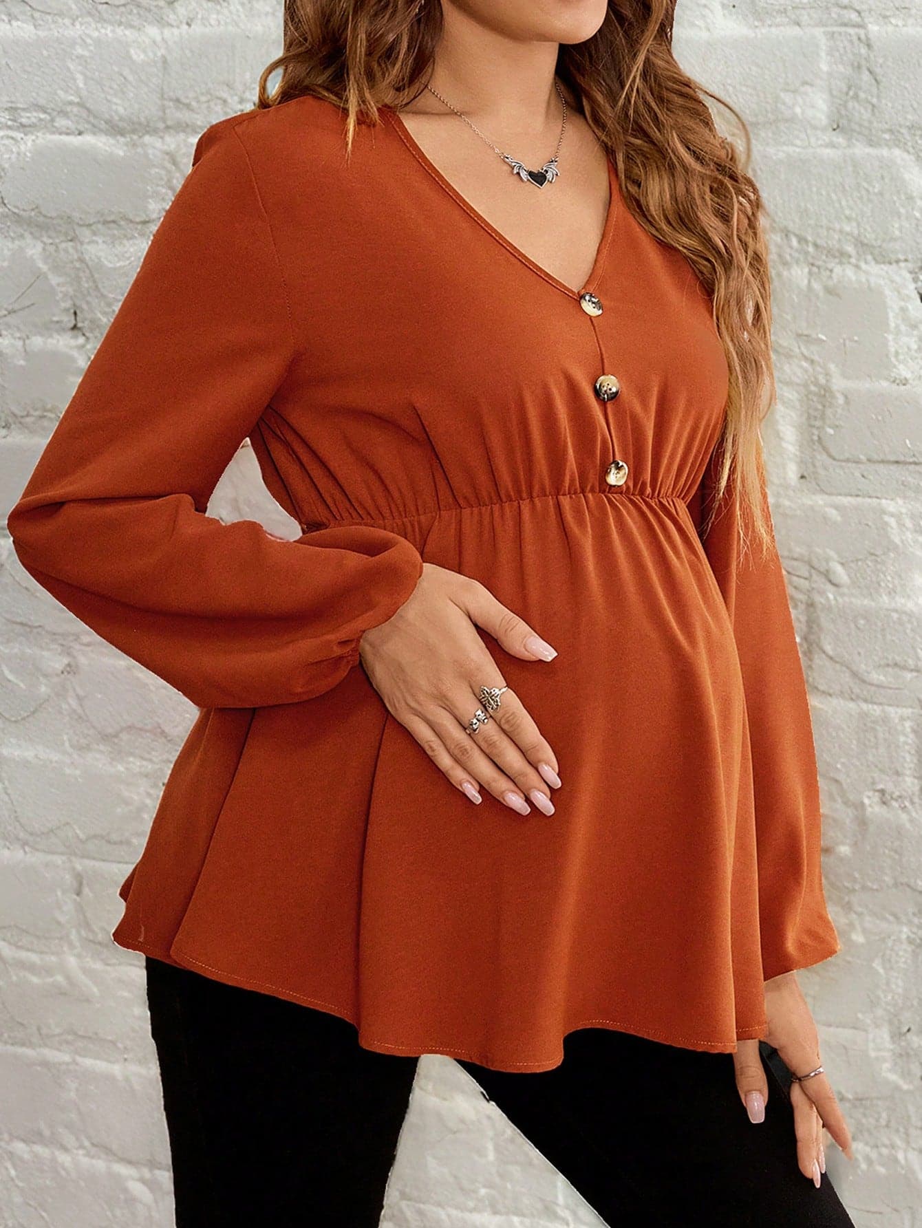 SHEIN Maternity Solid V-Neck Lantern Sleeve Button Decor Loose Shirt Fall