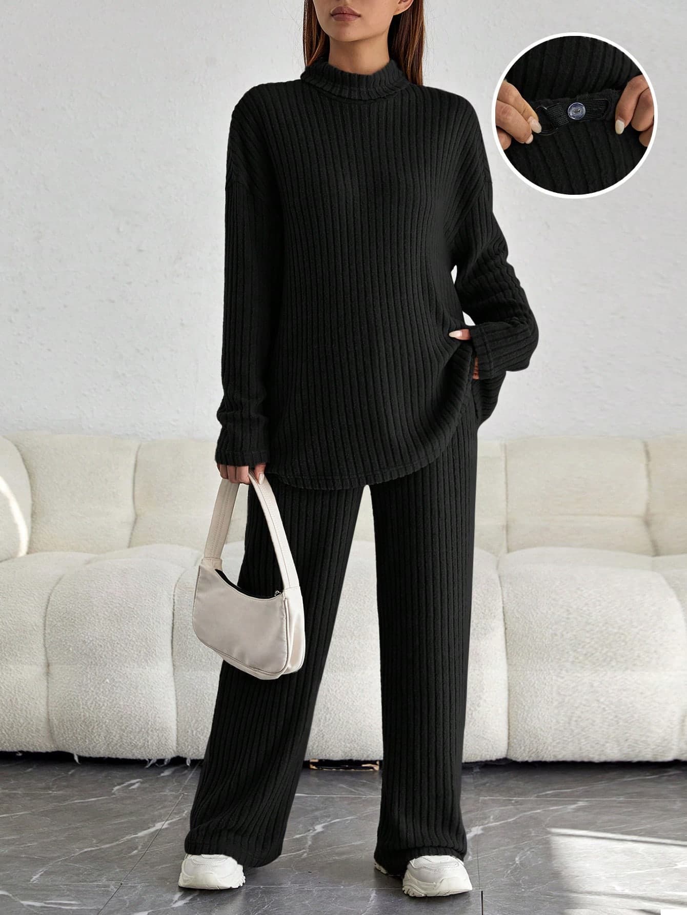 SHEIN Maternity Mock Neck Drop Shoulder Tee & Adjustable Waist Pants, For Winter