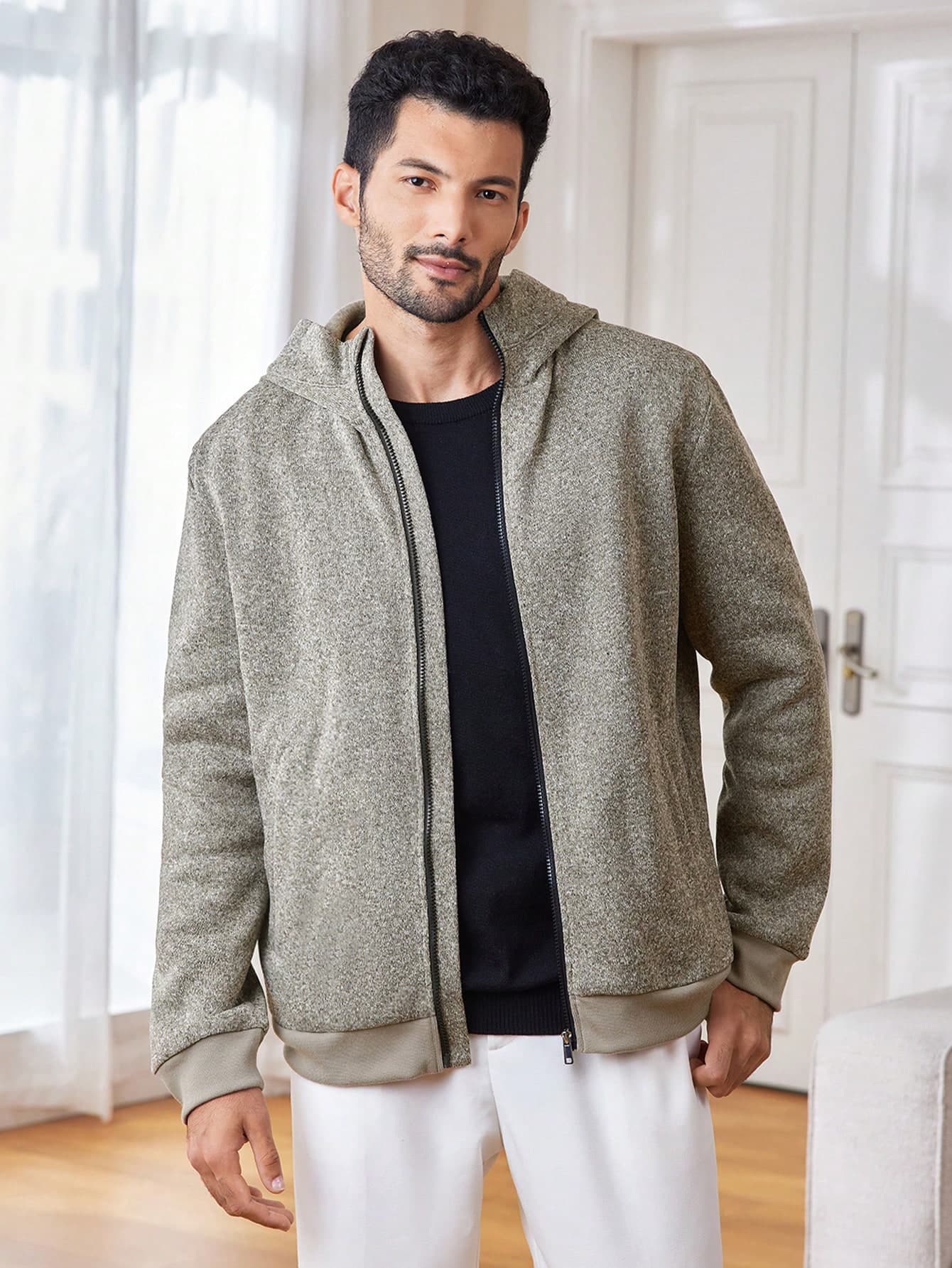 Manfinity Homme Men's Solid Color Hooded Zipper Long Sleeve Fleece Jacket