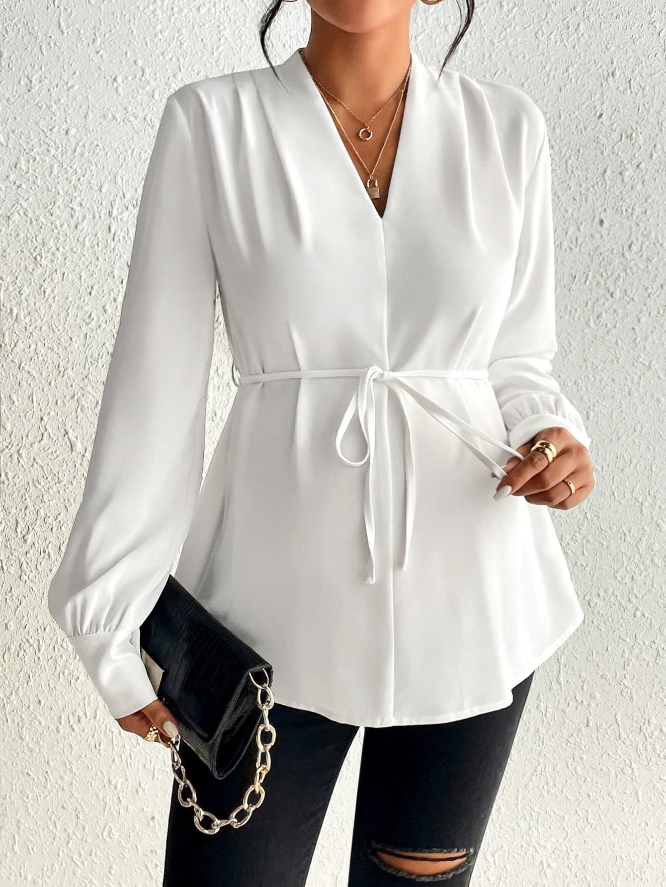SHEIN Maternity Solid Belted V Neck Blouse With Long Sleeve Fall