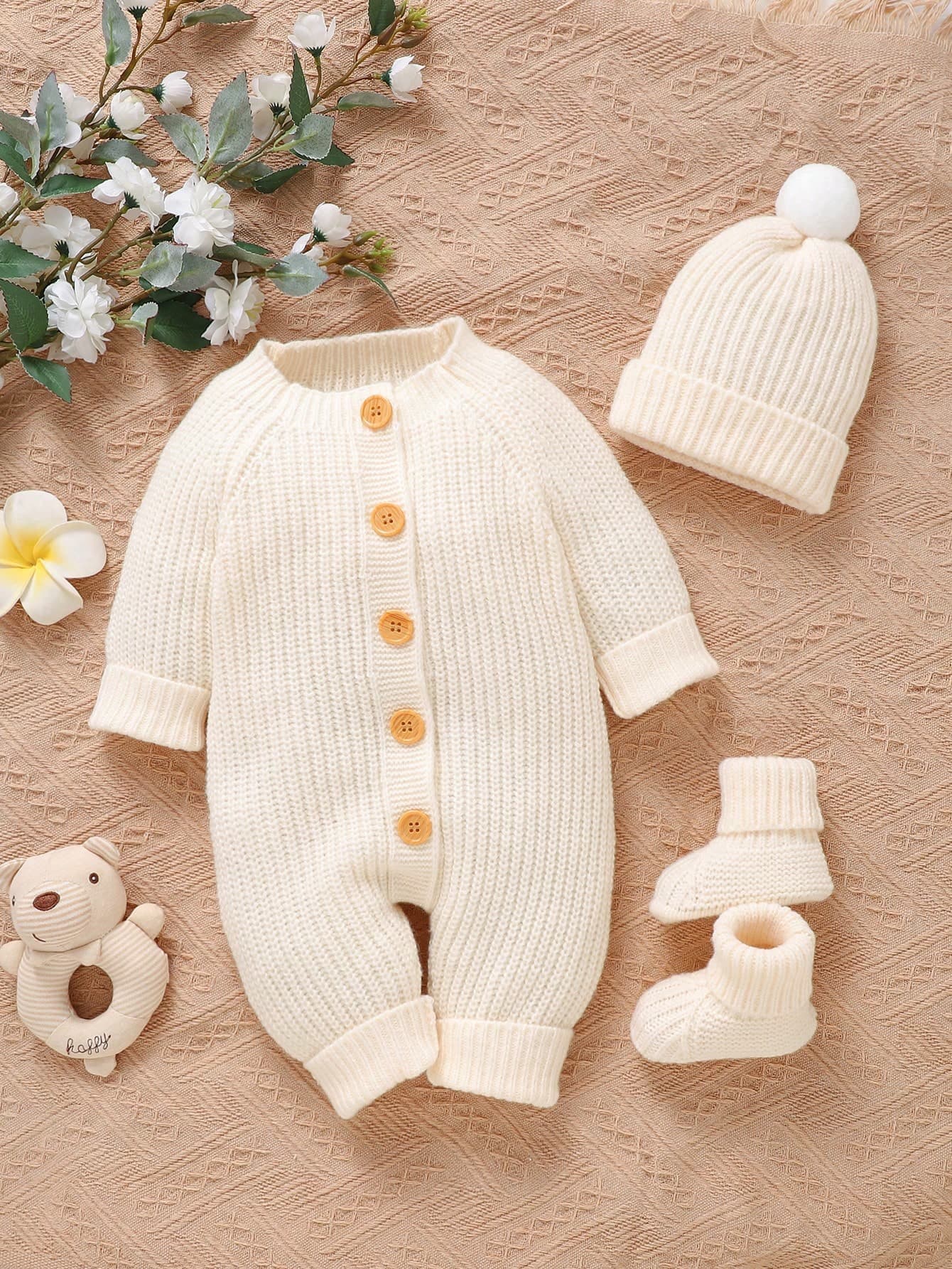 SHEIN 3pcs/Set! Baby Sweater Romper + Newborn Shoes + Cute Hat, Simple Casual Style, Effortlessly Outfit Your Baby In Fashionable Look, Time & Effort Saving
