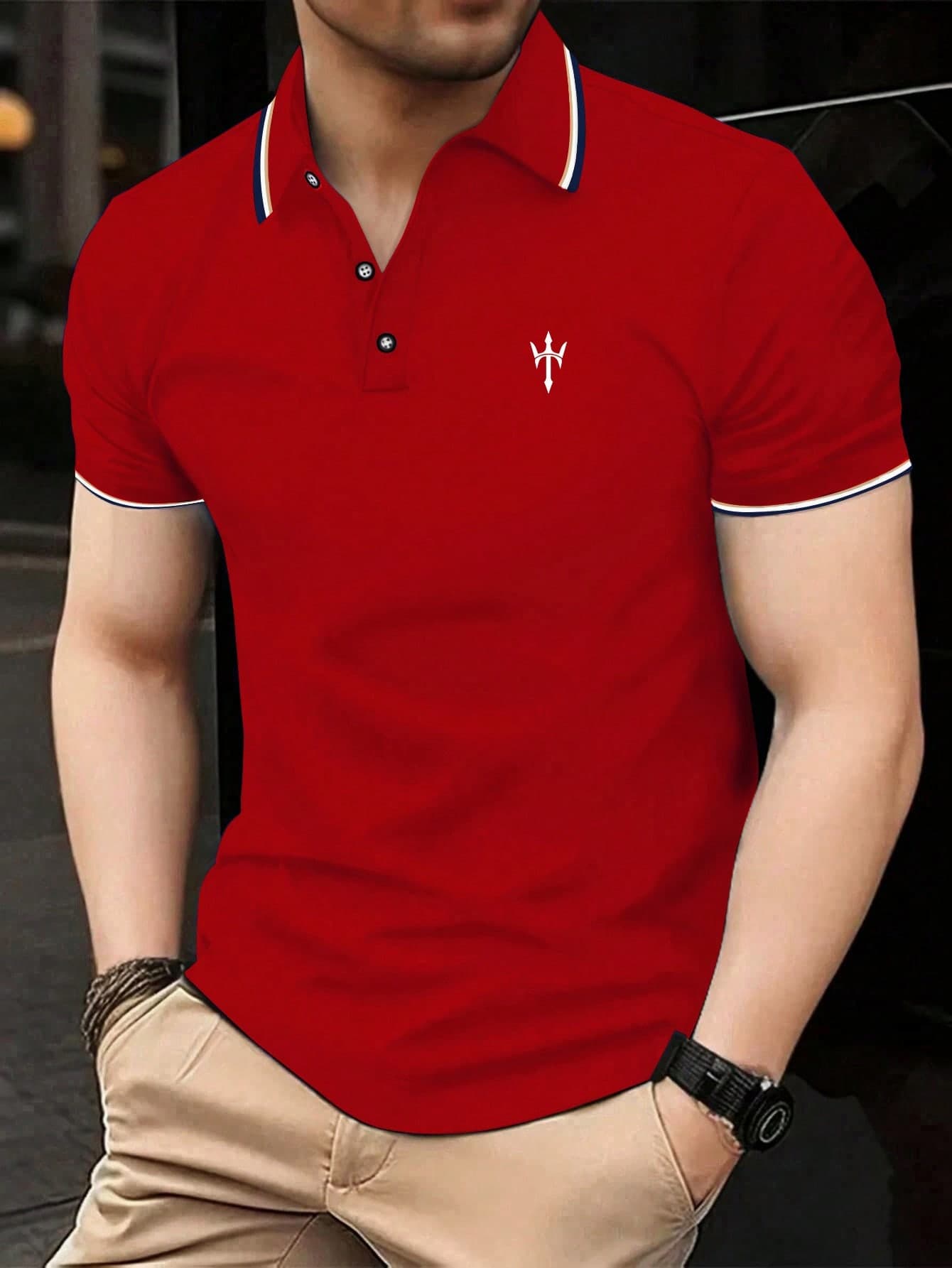 Manfinity Dauomo Men's Fashion Casual Business Polo Shirt Short Sleeve Golf Red White And Blue Summer
