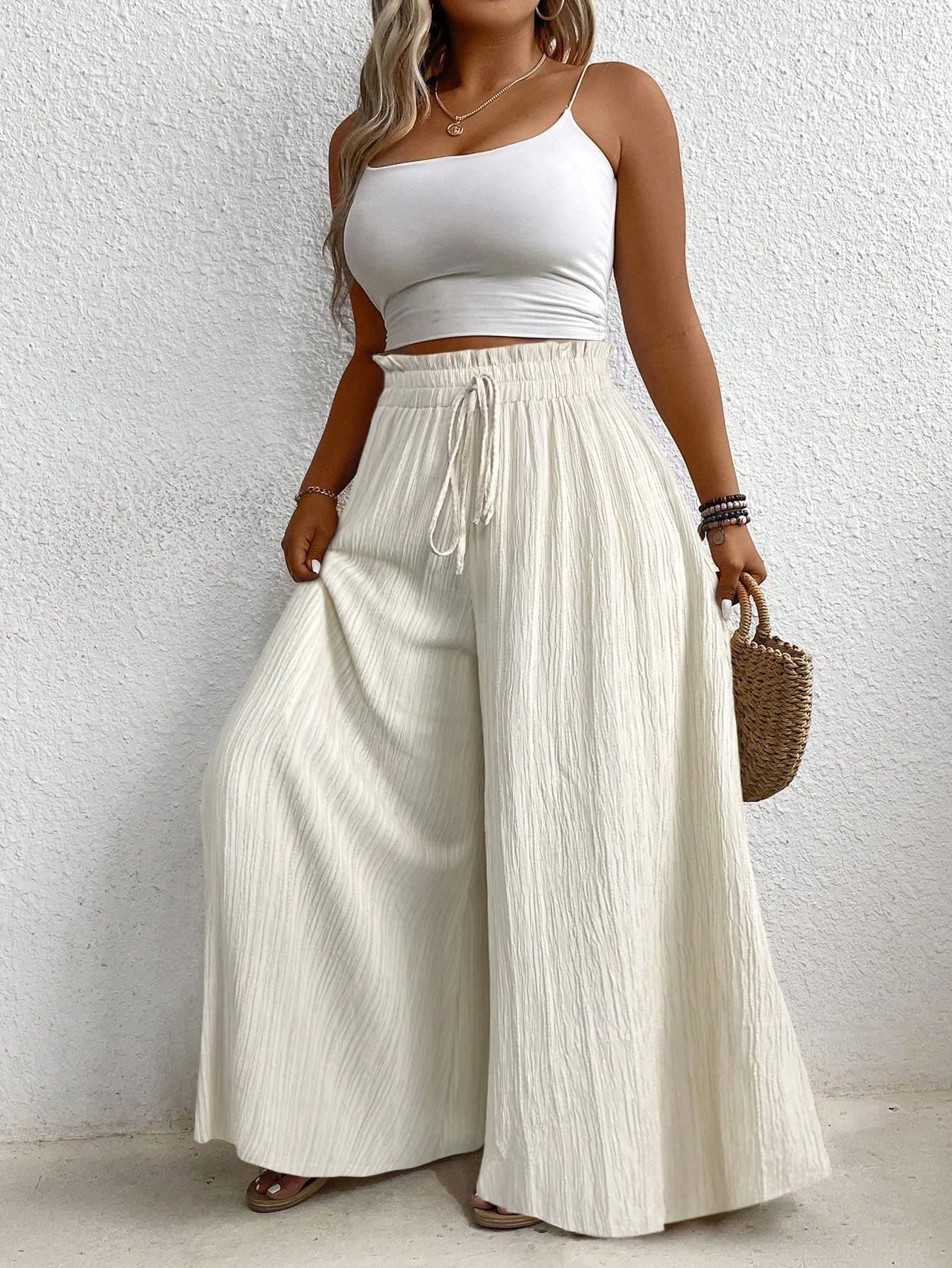 SHEIN Clasi Plus Size Solid Color Wide Leg Casual Vacation Pants Fall Cloth For Women
