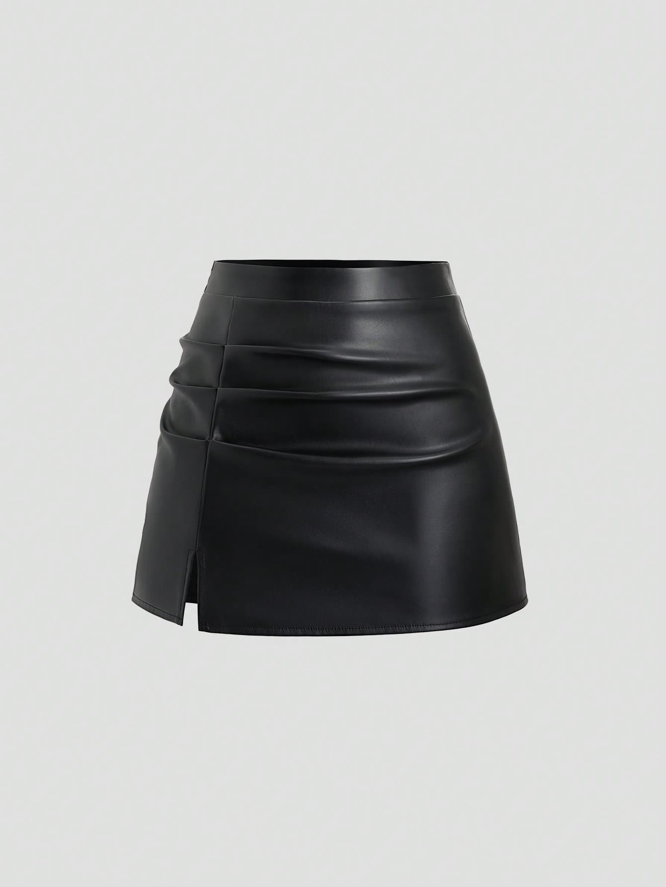 Sweetra Elegant Retro High Waist Pleated Brazilian PU Leather Side Slit A-Line Mini Skirt For Women Y2K