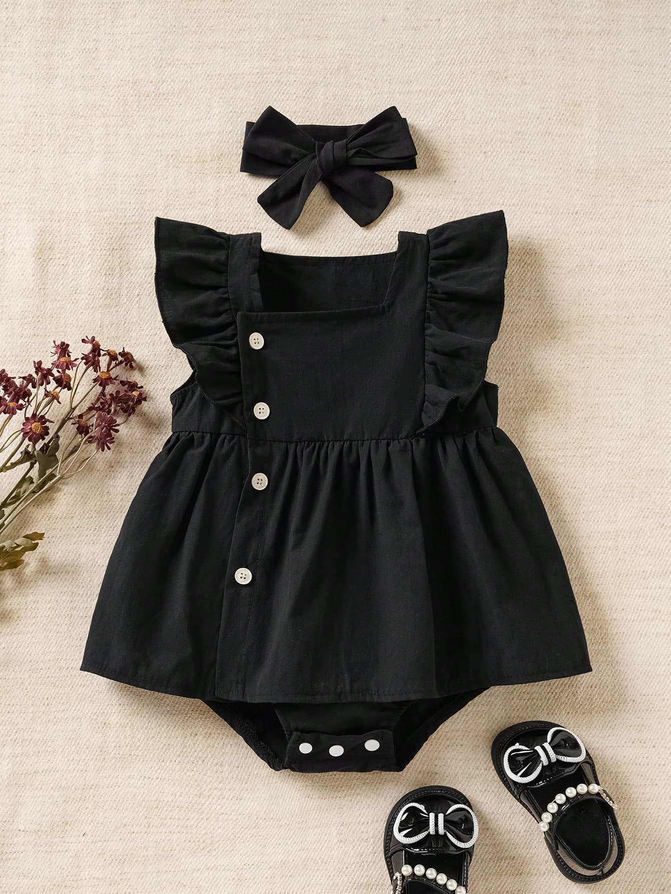 Souflis Souflis Baby Girls' Yellow Lace Ruffle Bodysuit With Headband, Spring/Summer Casual And Cute Bodysuit