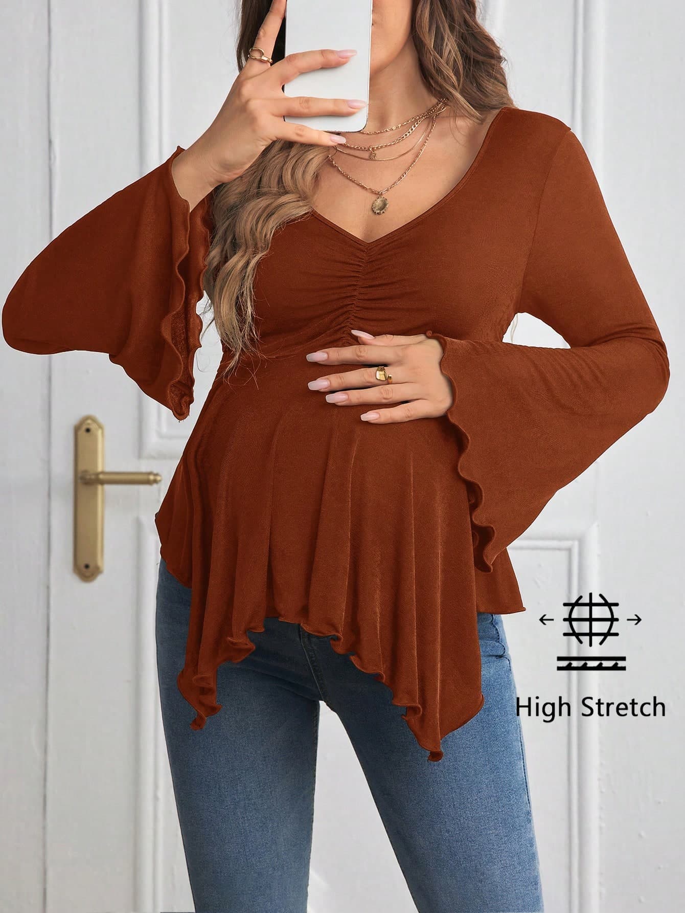 SHEIN Maternity Flounce Sleeve Ruched Lettuce Trim Y2k T-Shirt, Black Long Sleeve Fitted Pregnant Women T-Shirt, Autumn/Winter Fall