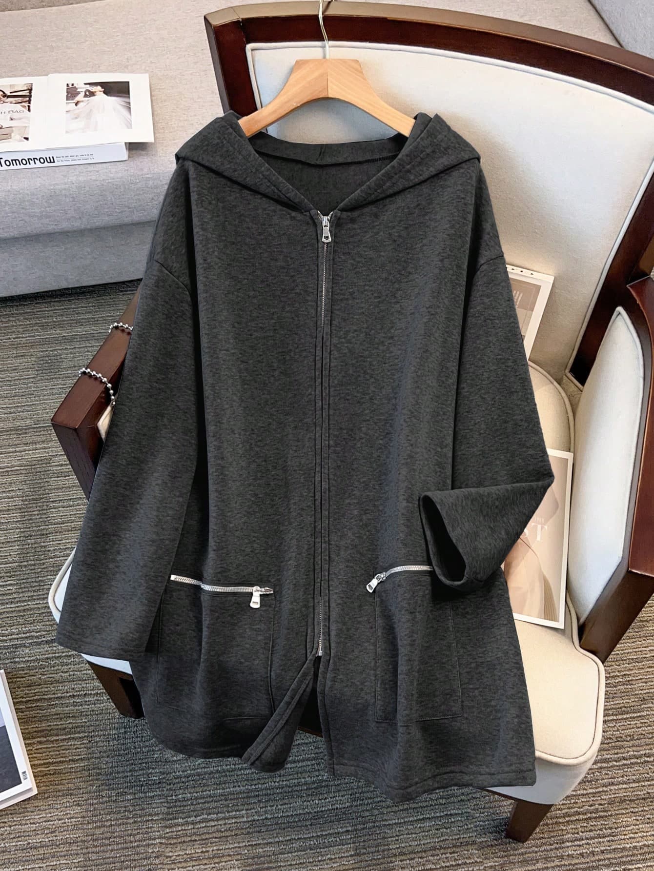 SHEIN LUNE Plus Size Casual Zip Up Hooded Coat With Pockets Winter Fall Autumn