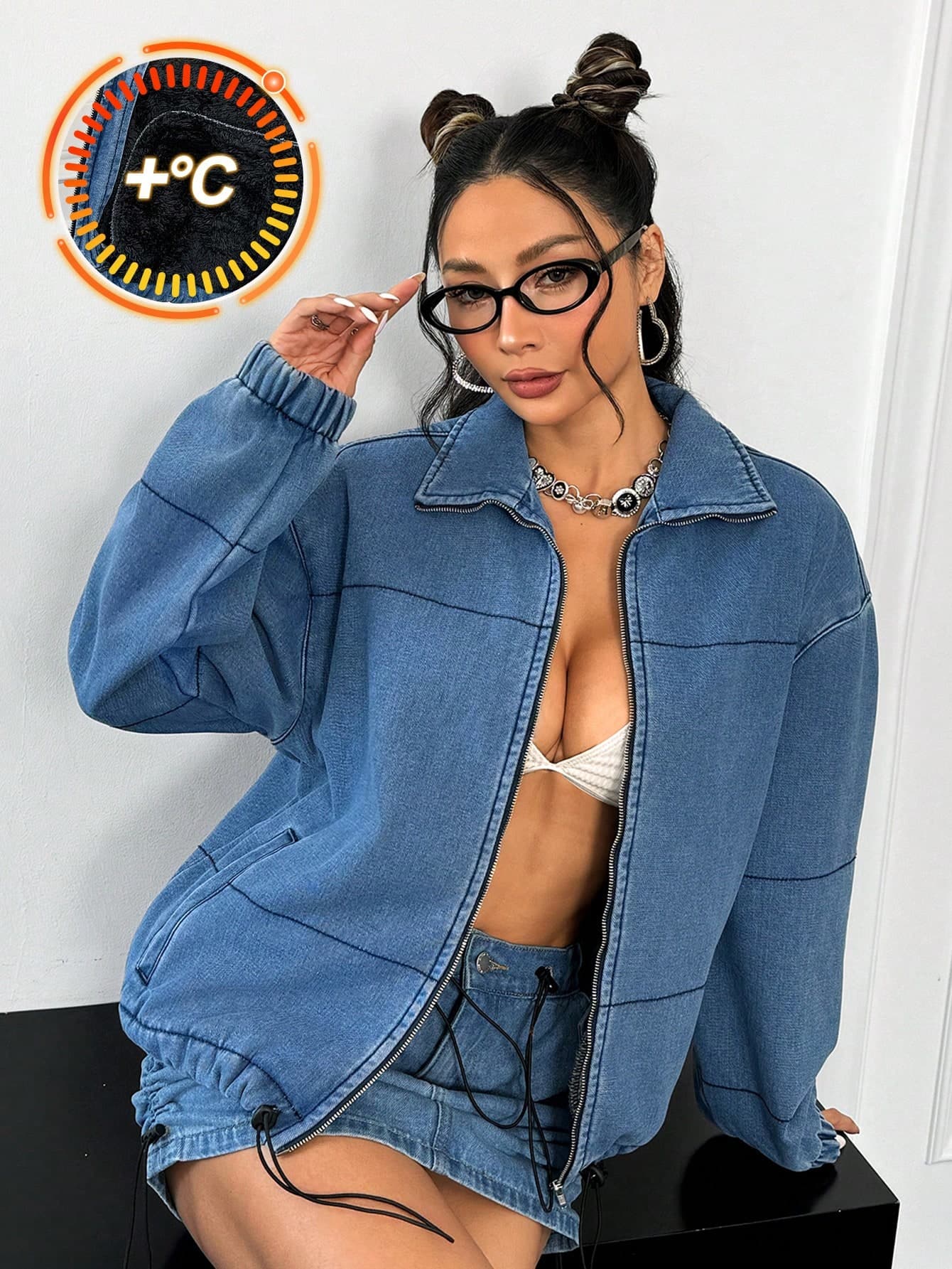 SHEIN EZwear Women Front Zipper Long Sleeve Plain Denim Jacket, Casual For Daily Wear Warm Christmas Women Thanksgiving Women Thickened Denim