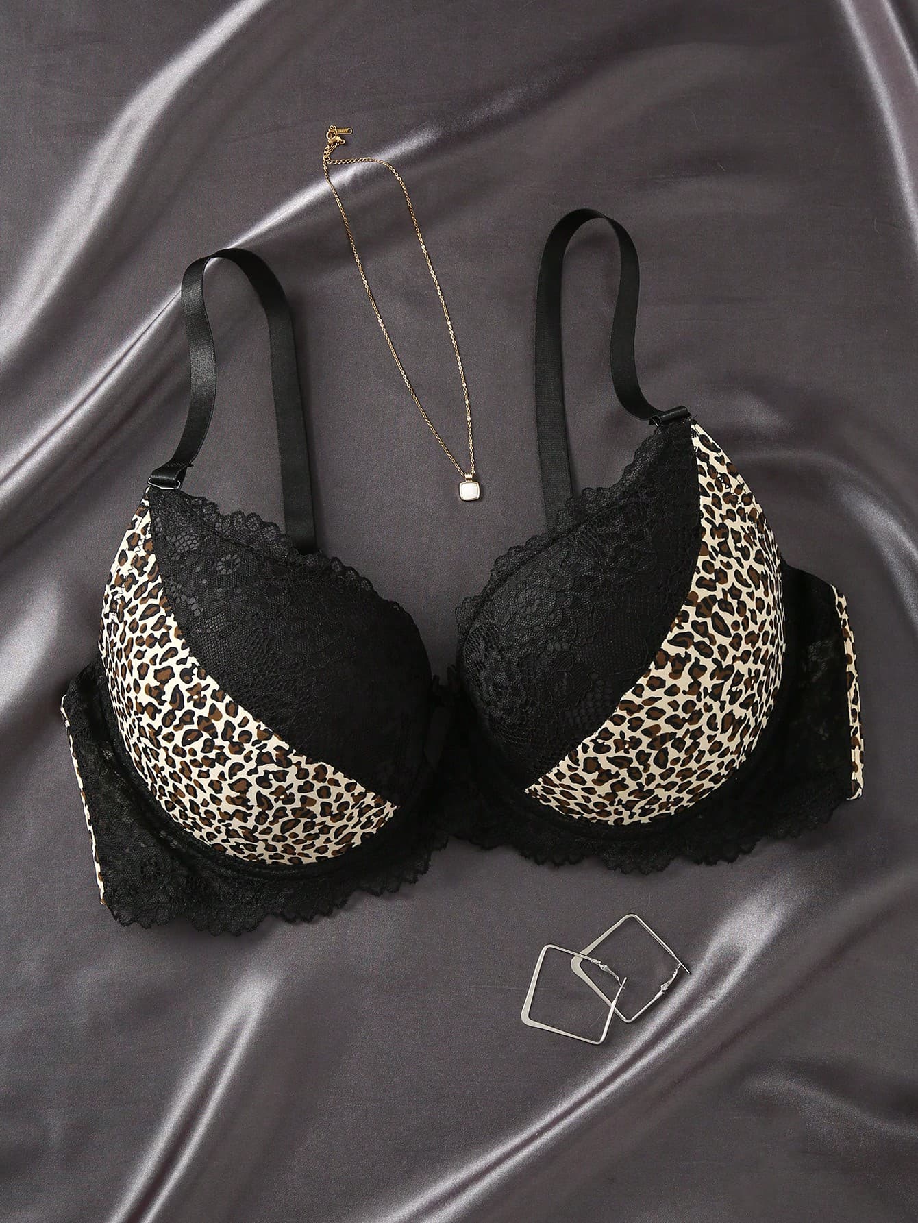 EmpressEnvy Plus Size Women Leopard Print Contrast Lace Underwire Bra, Lift ClassicAnimalPrint ClassicAnimalPrint