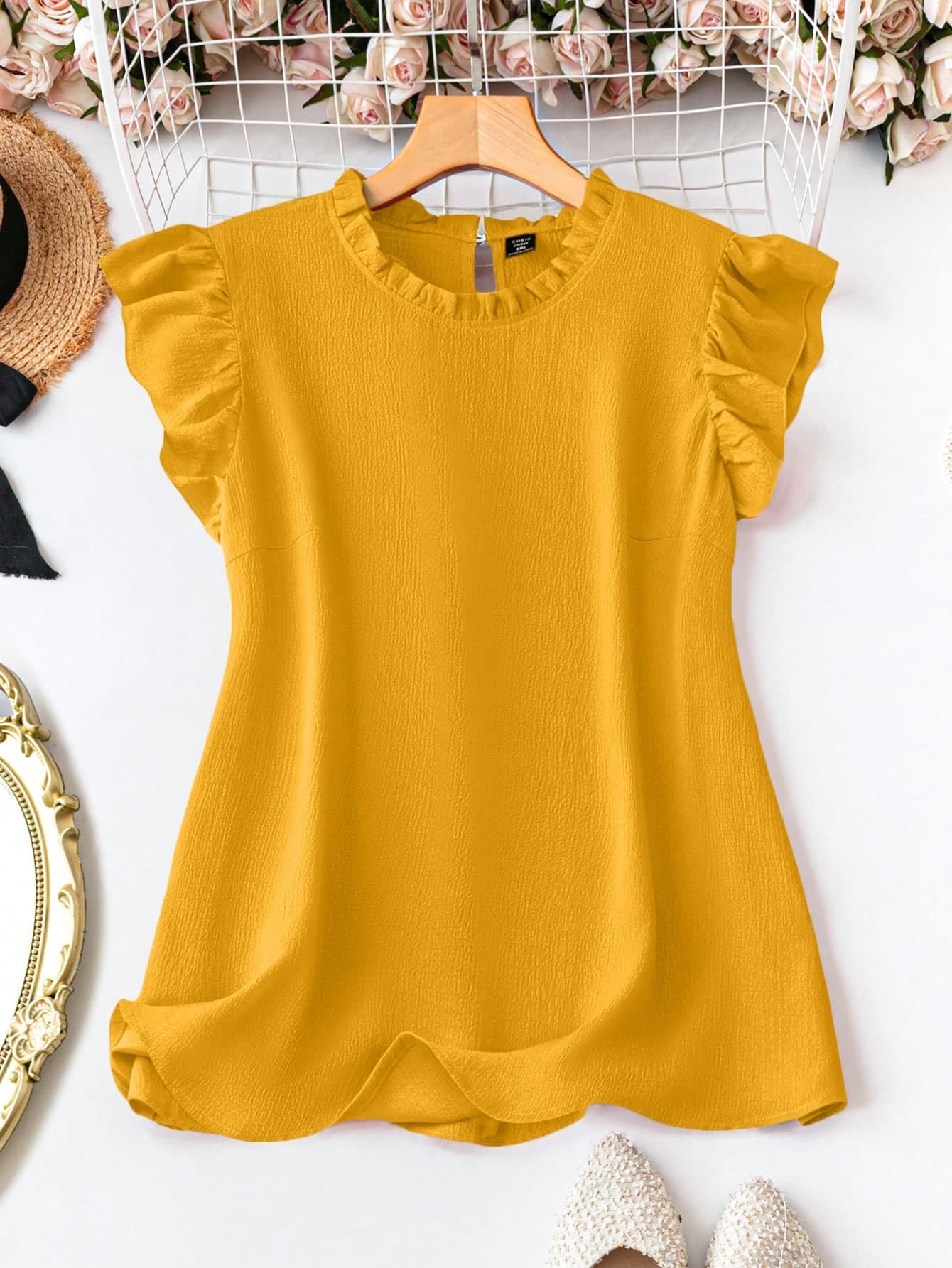 SHEIN Clasi Plus Size Women's Minimalist Solid Color Frill Mock Neck Ruffle Armhole Blouse Summer Top