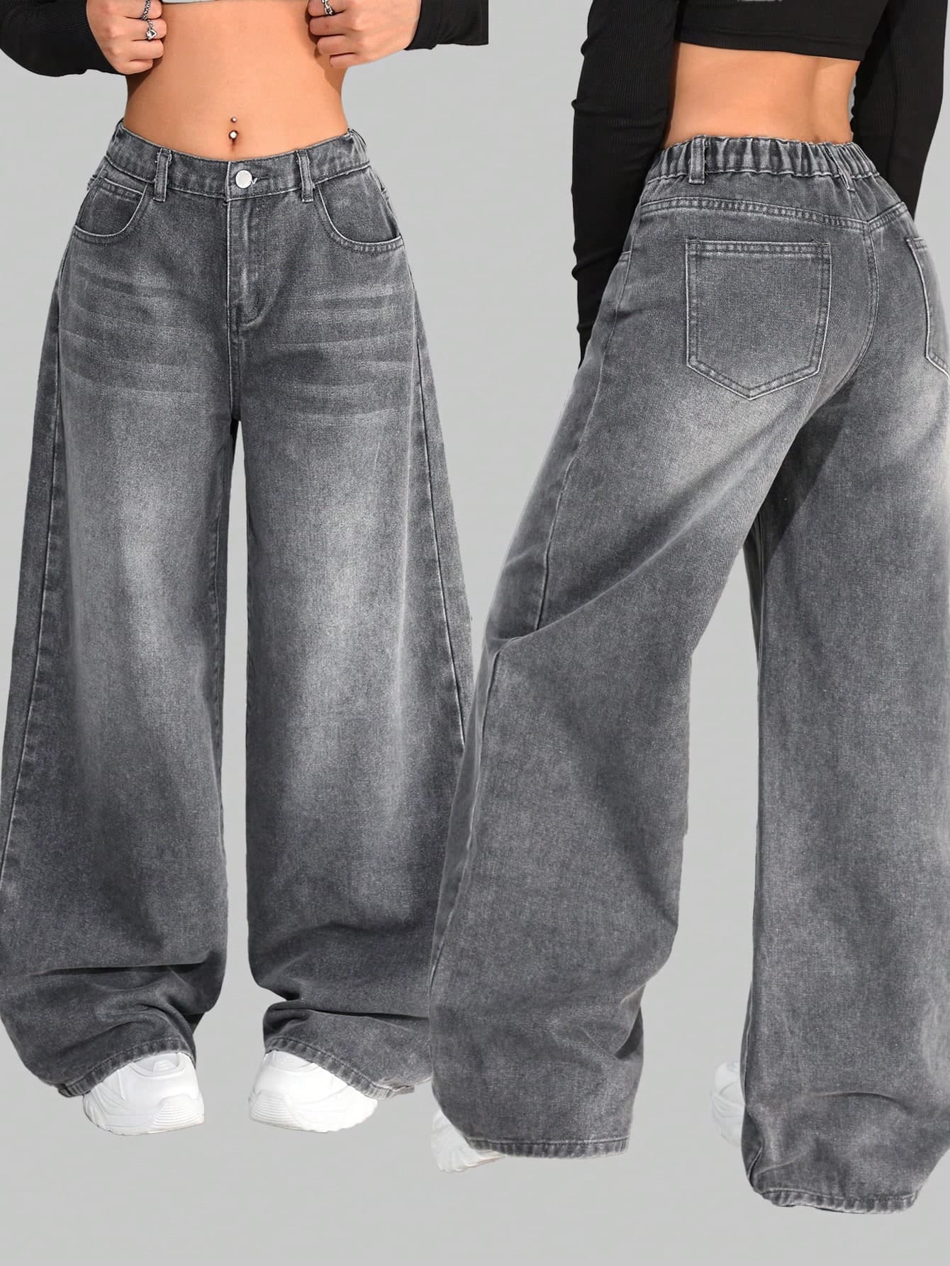SHEIN Girlism Teen Girls Y2K Fashion Retro Grey Washed Low-Waisted Slanted Pocket Casual Wide Leg Baggy Jeans Loose Streetwear Jeans