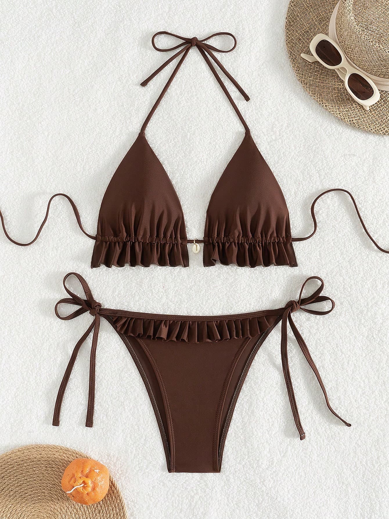 Swim Lushoire 2pcs/Set Women Beach Vacation Solid Color Ruffled Hem Halter Tie Sexy Bikini Summer
