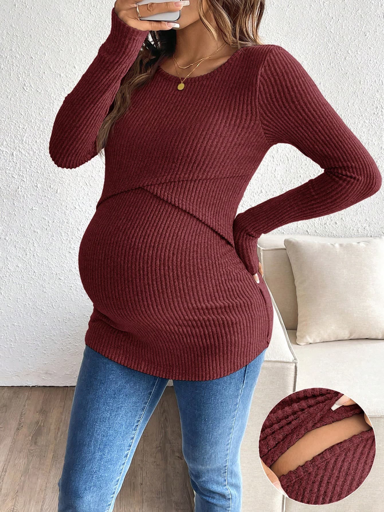 SHEIN Pregnant Women Casual Solid Color Fitted Nursing T-Shirt, Autumn/Winter Fall
