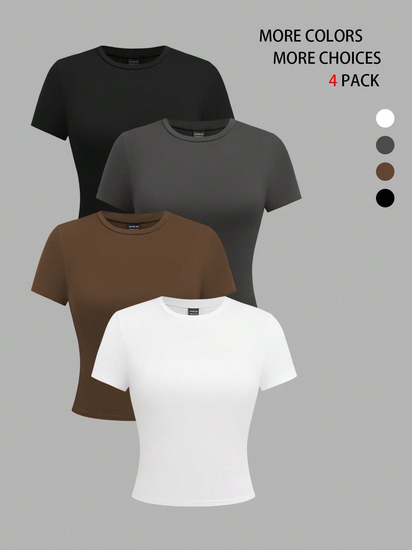 Qadelle 4pcs Women Solid Color Short Sleeve Crew Neck Tight Fit Basic T-Shirts