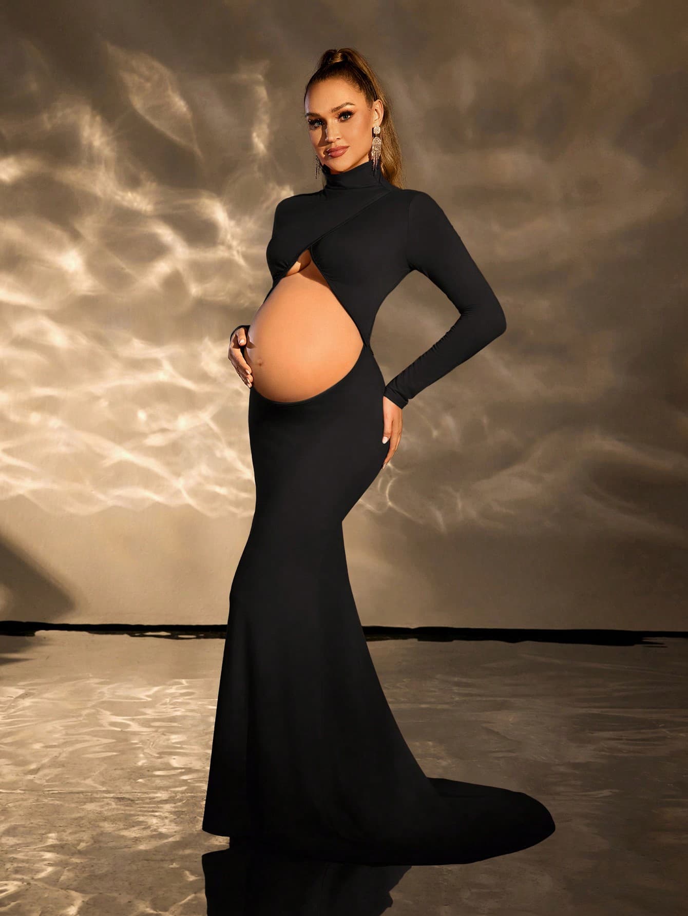 Cheriluna Maternity Pregnant Women High Neck Hollow Bodycon Long Sleeve Dress, Maternity Photoshoot