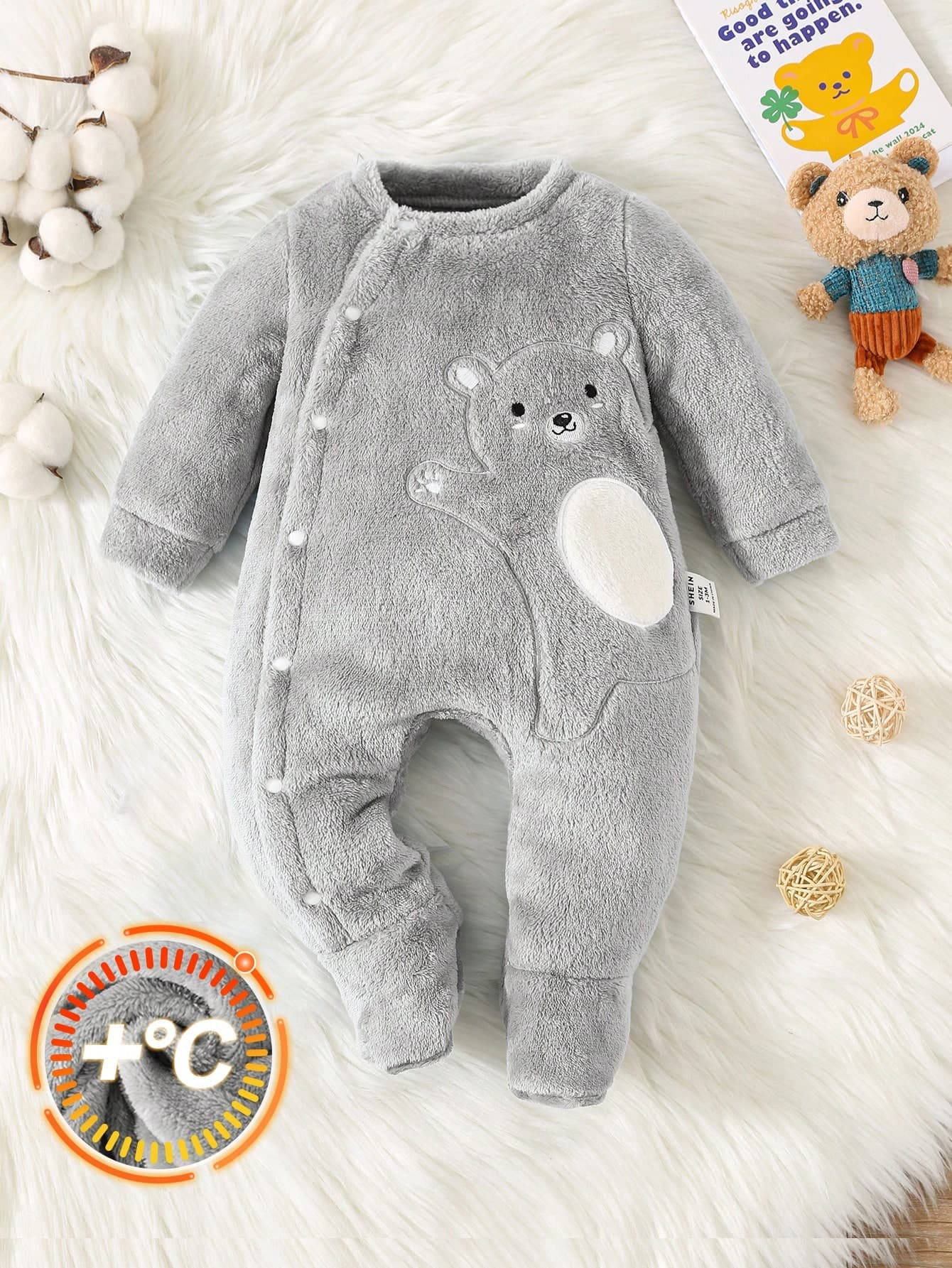 SHEIN Newborn Baby Boy Cute Bear Embroidery Oblique Placket Flannel Romper, Autumn/Winter