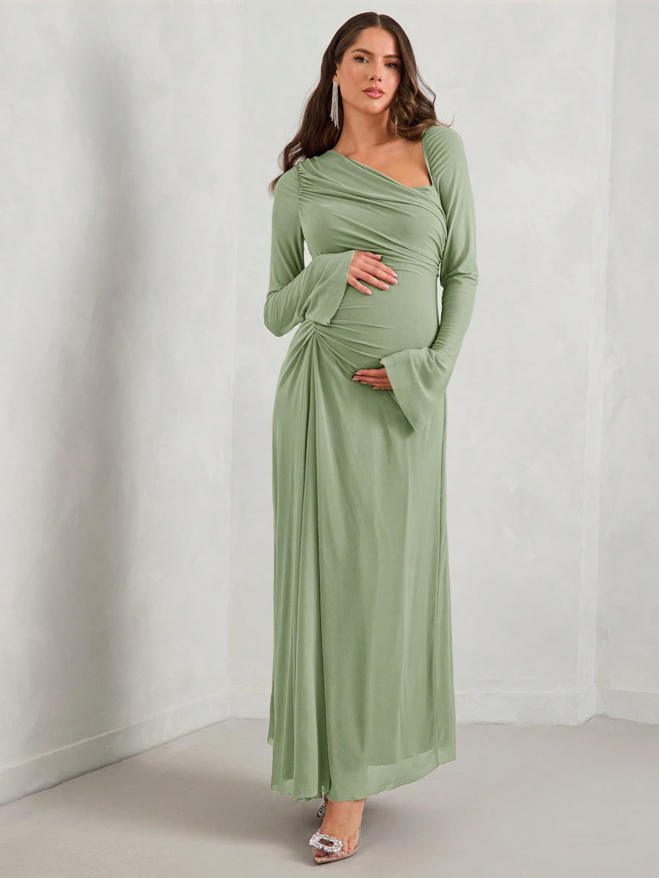 MaterniChic Maternity Elegant Twist-Knot Waist Solid Color Round Neck Flare Sleeve Long Dress, For Pregnant Women, Autumn Fall