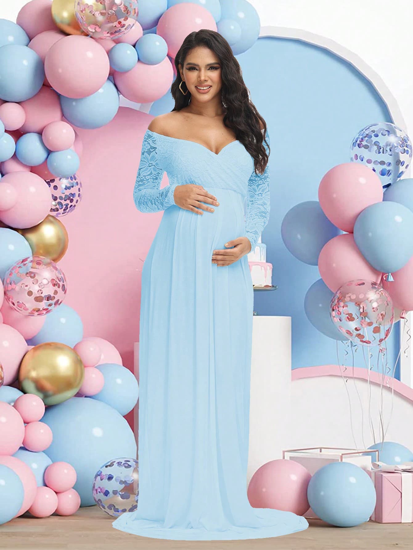 Maternity Lace V-Neck Long Sleeve Dress/Long Gown, Suitable For Photography, Baby Shower And Other Occasions