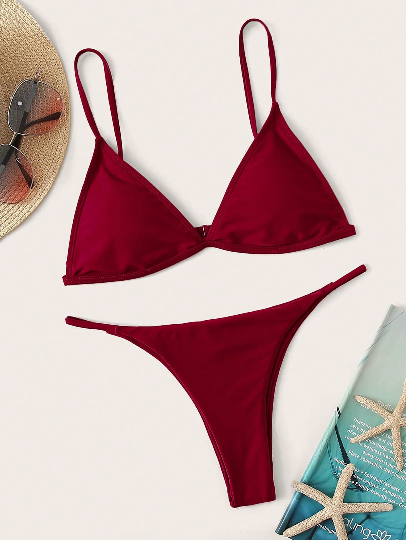 Swim Basics 2pcs Women Solid Color Sexy Triangle Cup Low-Waist Bikini Summer