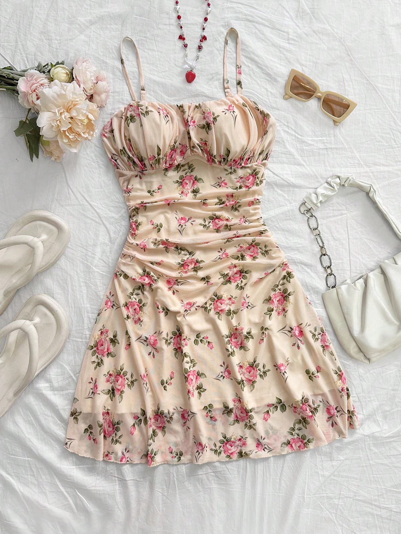 Soleia Women's Ditsy Floral Pink Spaghetti Strap A-Line Mini Dress,Beige,Summer,Cottage Core,Holiday,Vacation,Holiday Party Date Valentine's Day