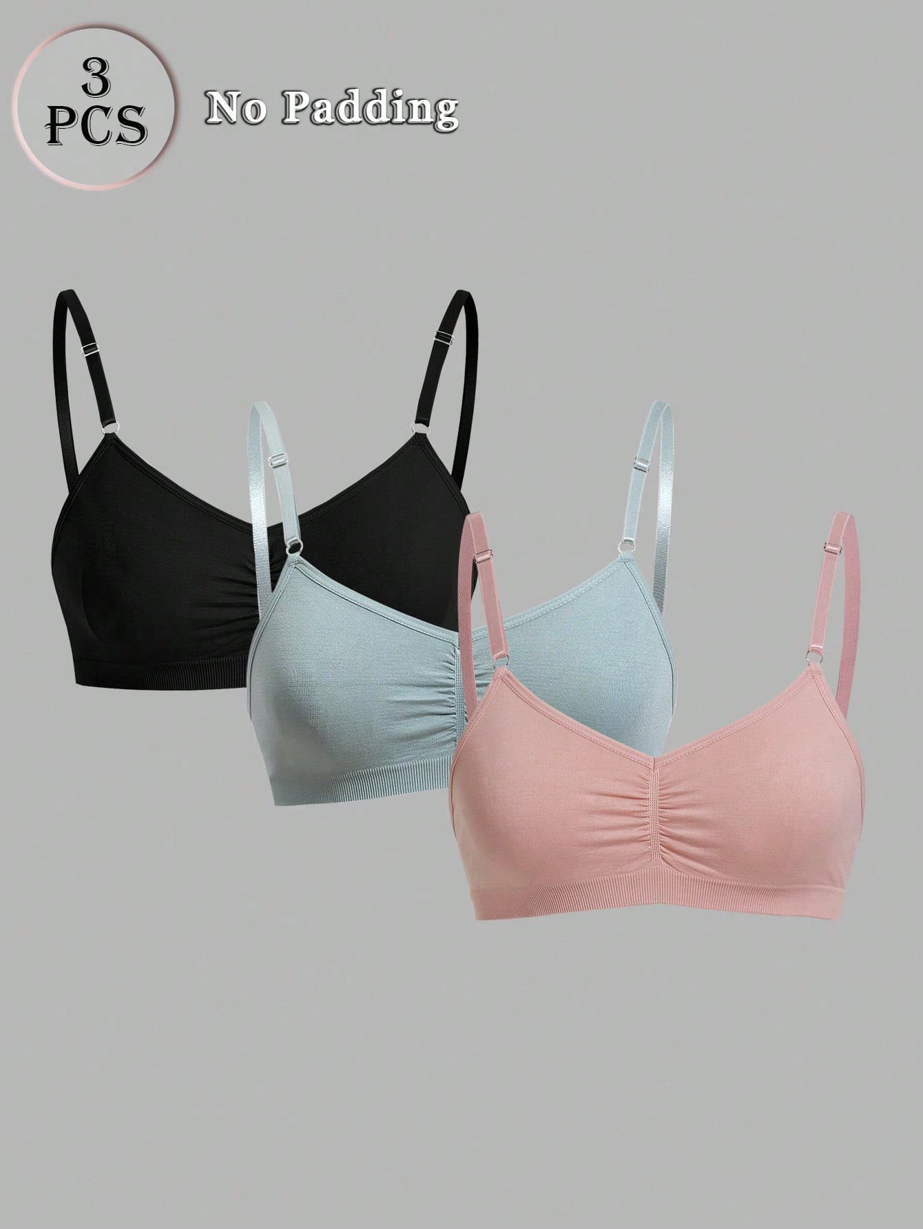 3pcs/Set Non-Wired Solid Color Pleated Camisole Bra Sets