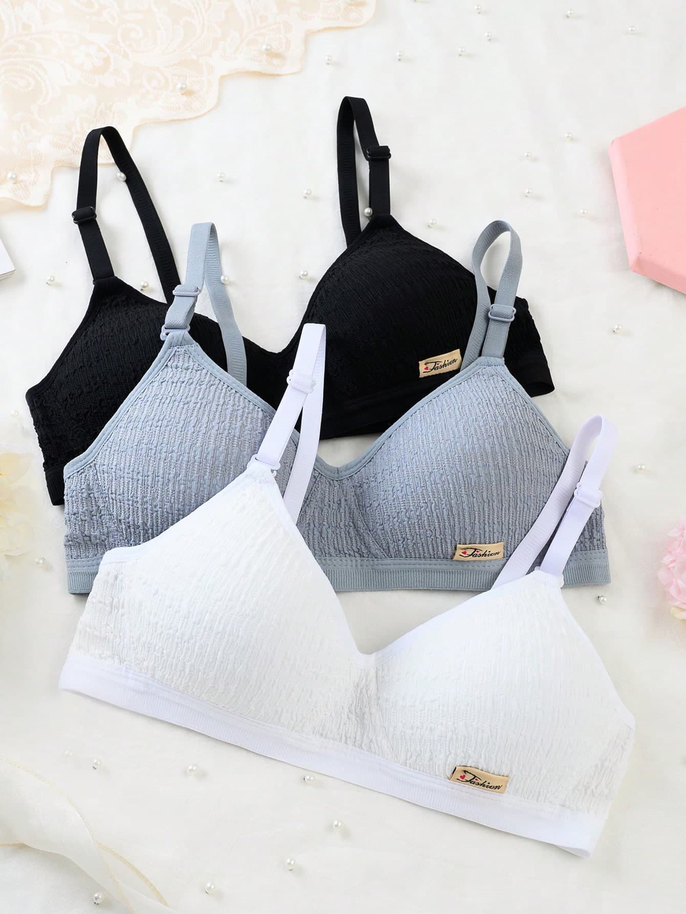 SHEIN 3pcs/Set Teen Girl Wireless Comfortable Non-Detachable Cup Adjustable Strap Bras