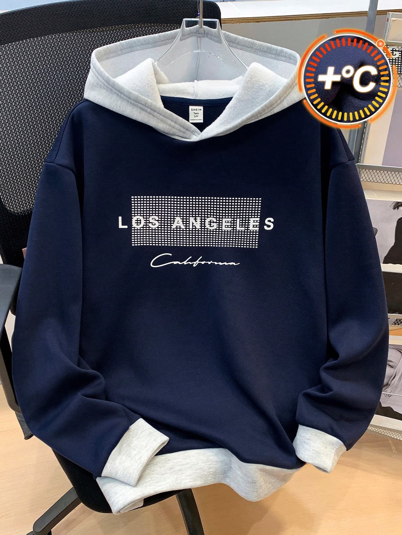 SHEIN Teen Boys' Casual Patchwork Contrast Color Sweatshirt, Grey & Navy Blue, English Print, Thermal Lining, Versatile & Everyday Wear, Autumn/Winter