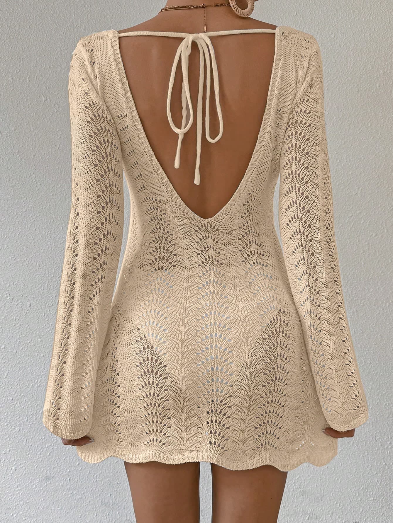 Swim Lushoire Women's Summer Beach Hollow Out Knitted Tie Backless Cover-Up Dress