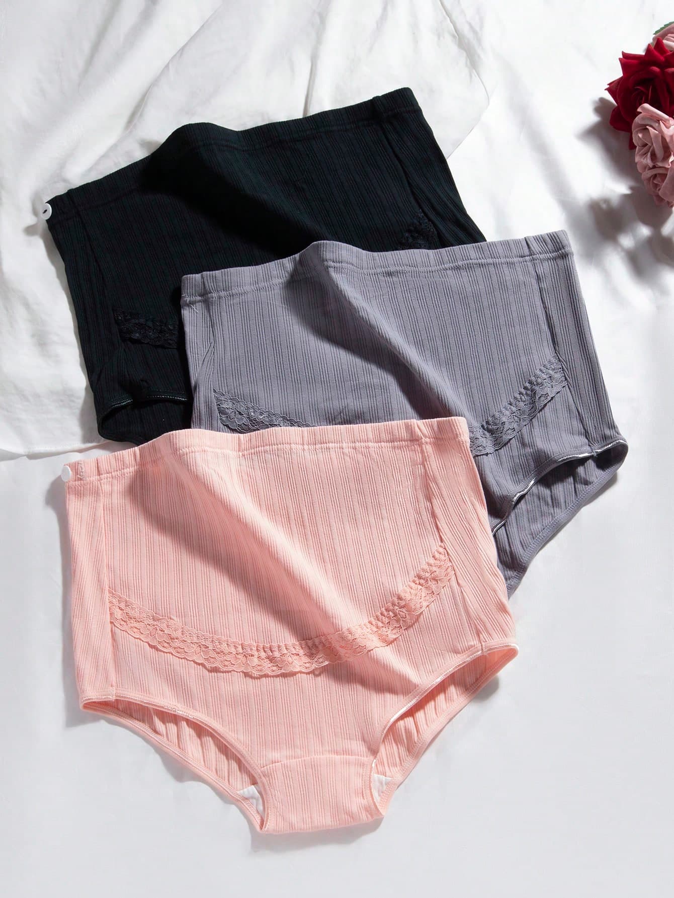 Moonlight&Mama 3pcs Maternity Solid Color Lace-Trim High-Waist Panties