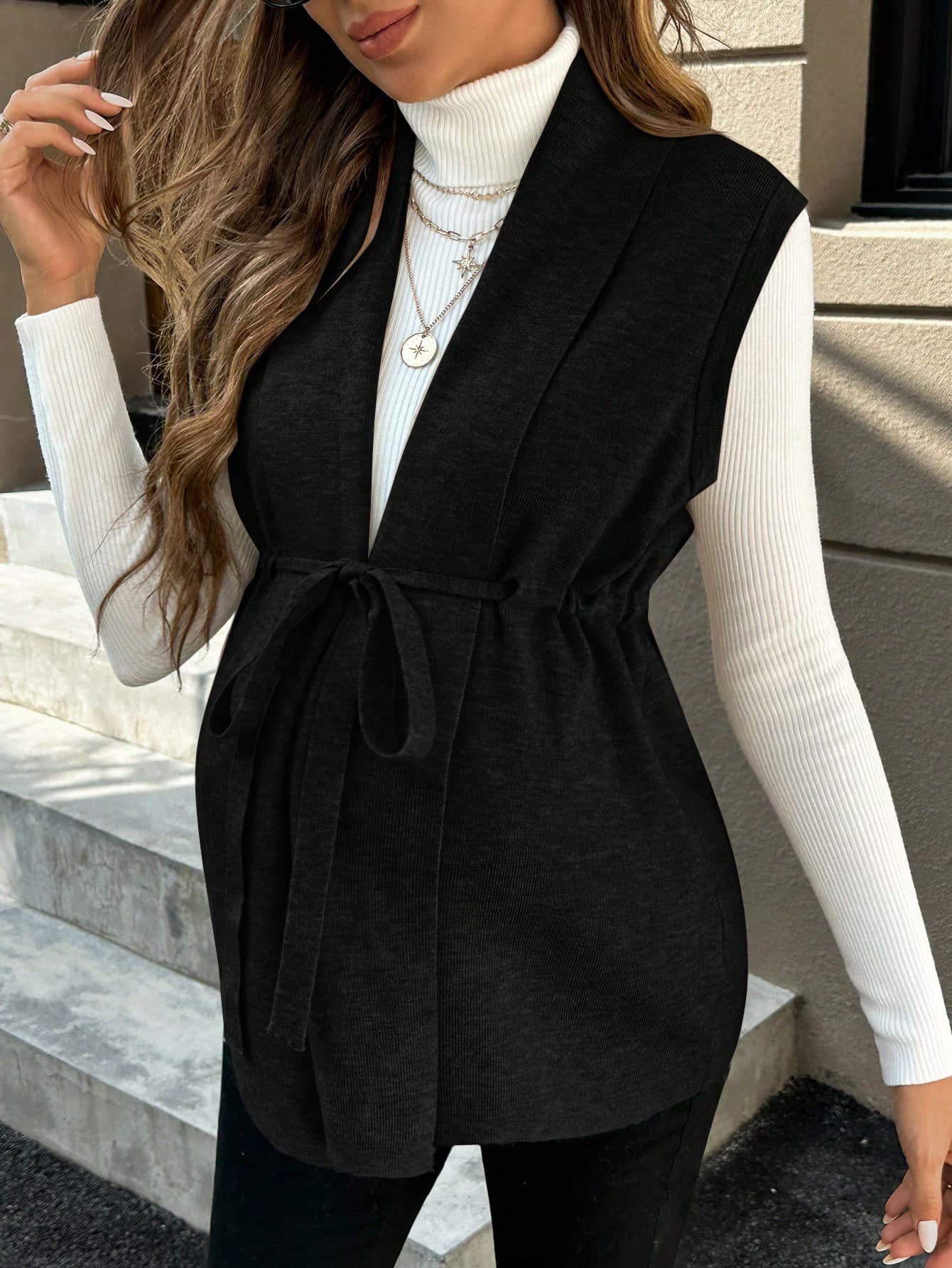 Momance Pregnant Women's Solid Color Sleeveless Front Tie Minimalist Sweater, Casual Daily Wear Winter