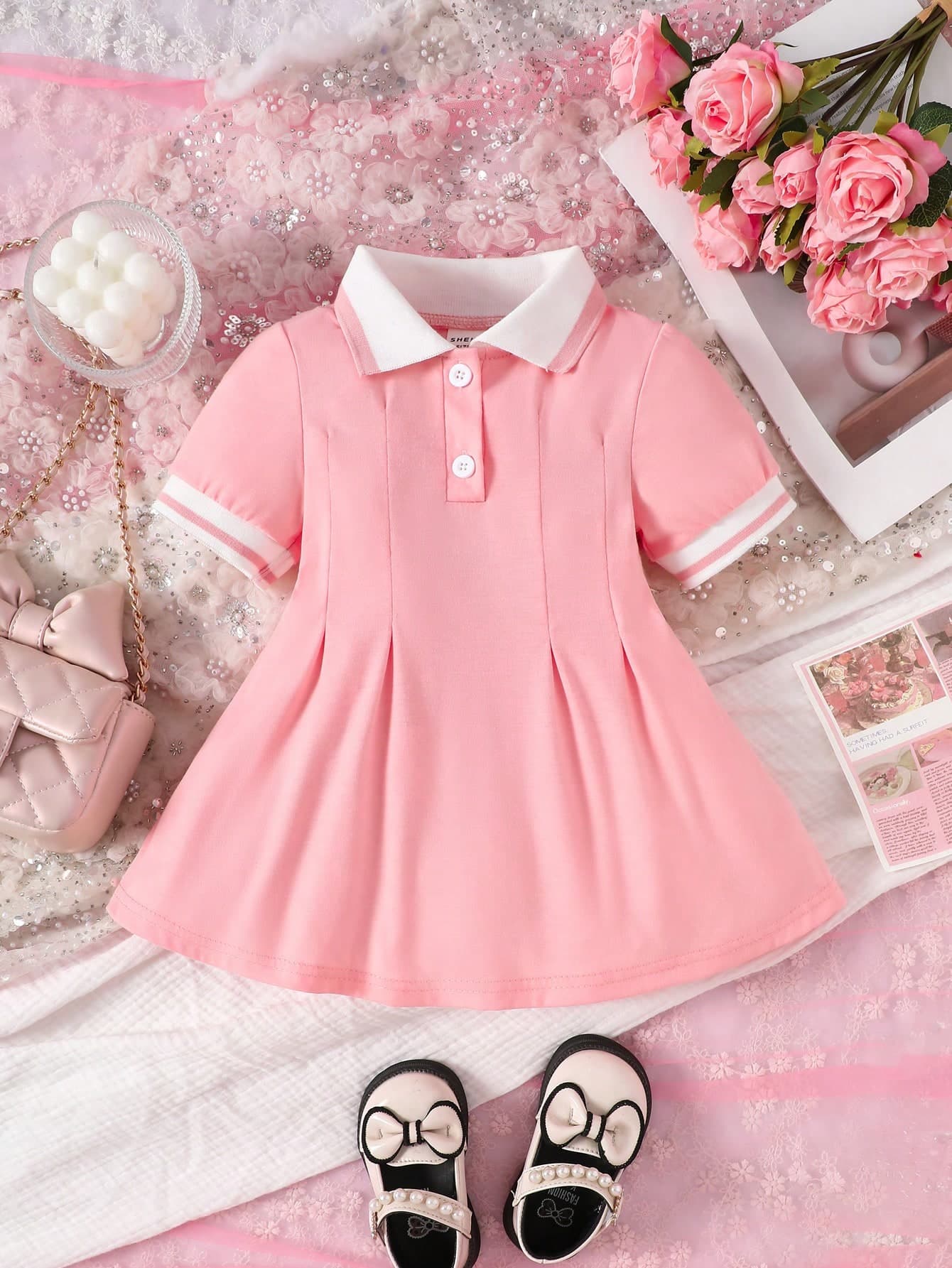 SHEIN 1pc Baby Girls Pink Casual Dress, With Rib Collar And Cuffs, Suitable For Everyday Wear, Outdoor, Sports, And Party
