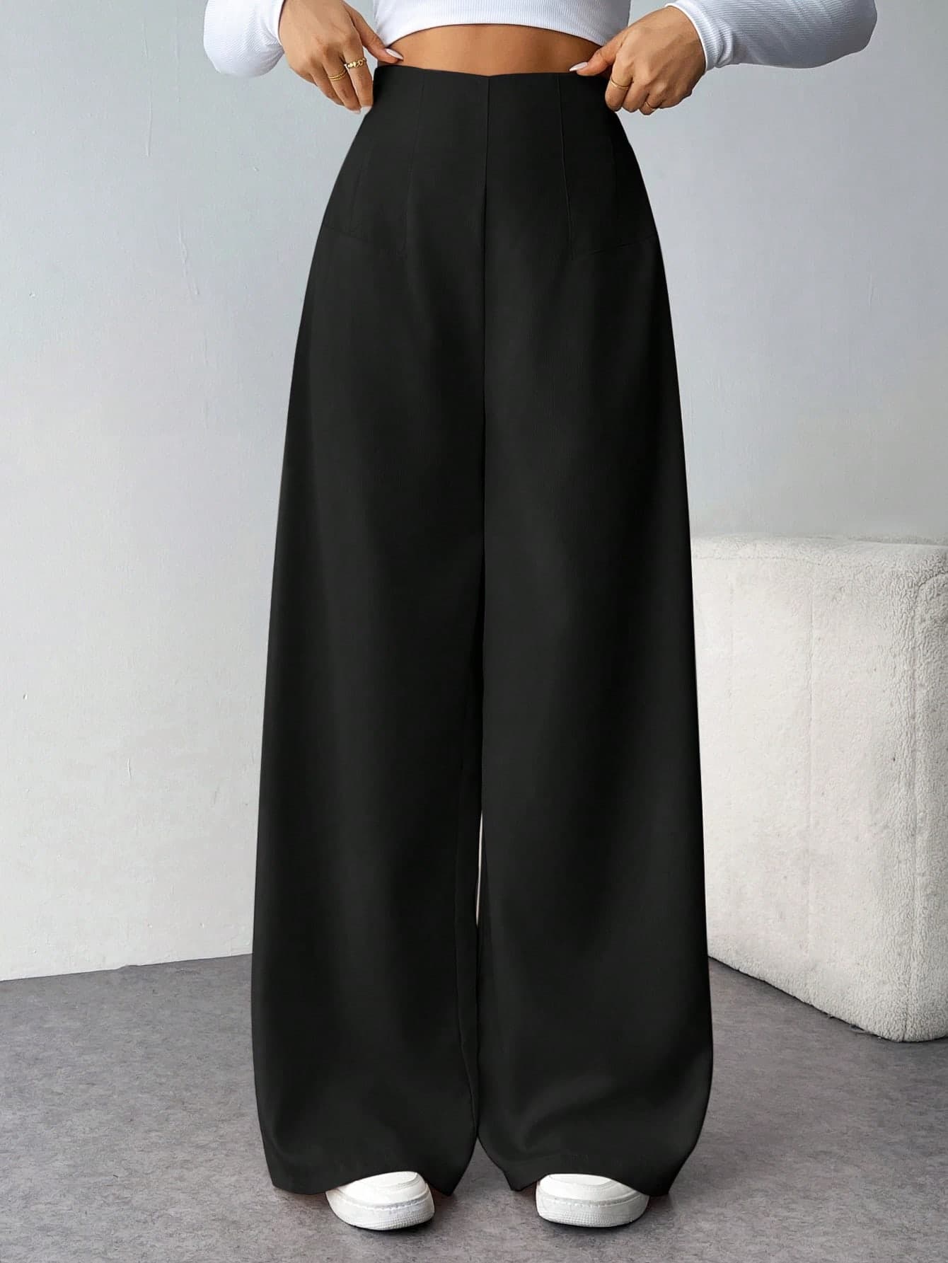 Firerie Women Minimalist Casual Chic Fashion Back-To-School High Waist Textured Wide Leg Pants